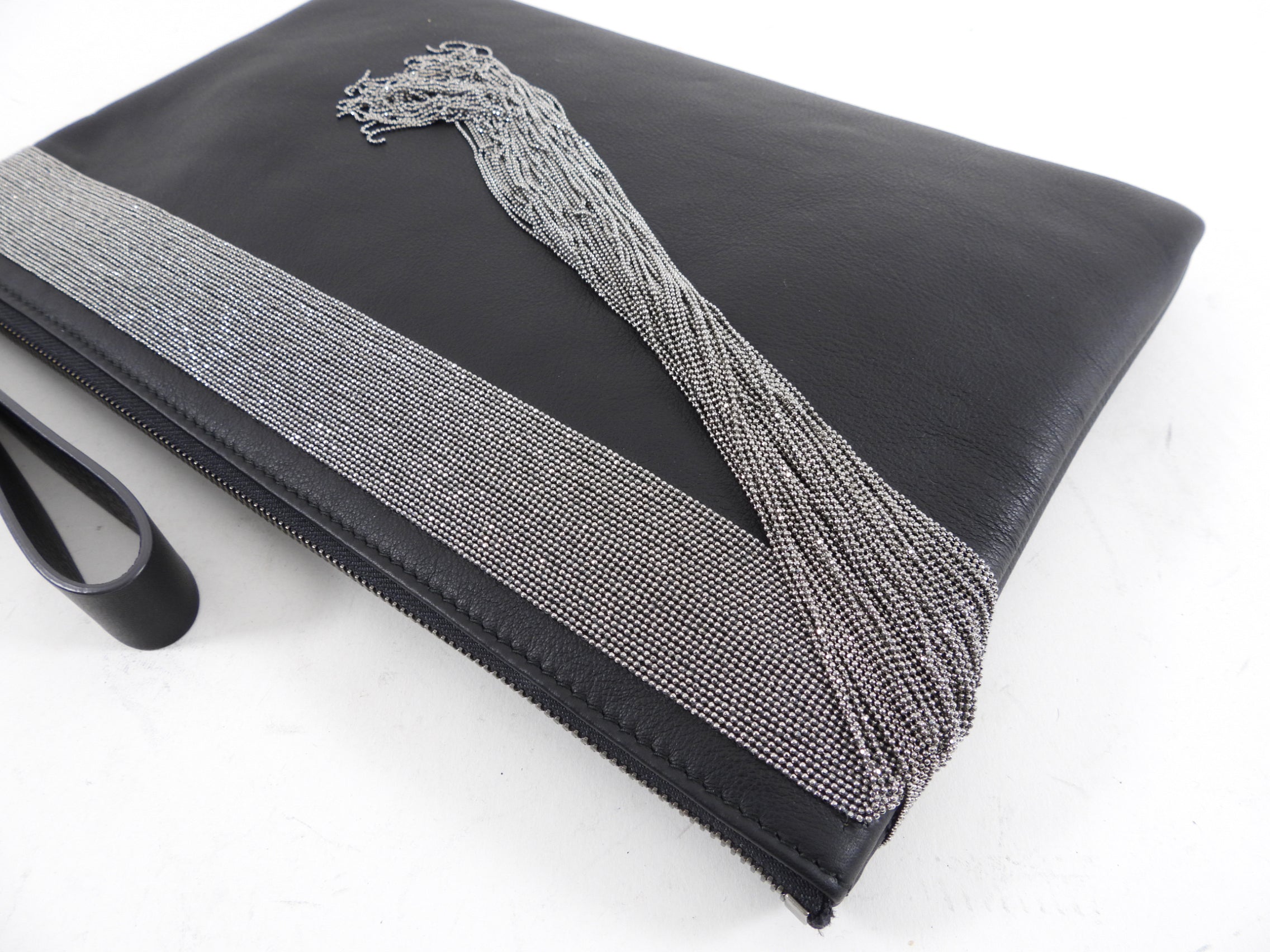 Brunello Cucinelli Charcoal Grey Leather Fringe Zip Pouch Clutch Bag for Women | Elegant Evening Party & Wedding Accessory | Stylish Crossbody Handbag for Date Night & Special Occasions