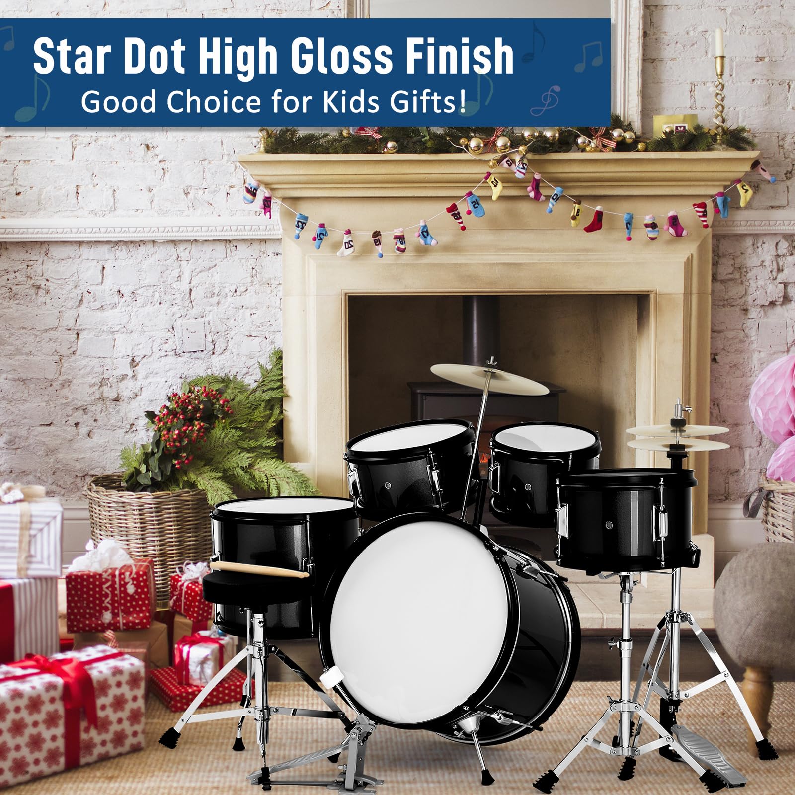 **16 Inch 5-Piece Junior Drum Set for Beginners - Complete Kit with Cymbals, Hi-Hat Stand, Drum Sticks, Pedal, Stool & Floor Tom (Black) - Perfect for Kids, Teens & Home Practice**