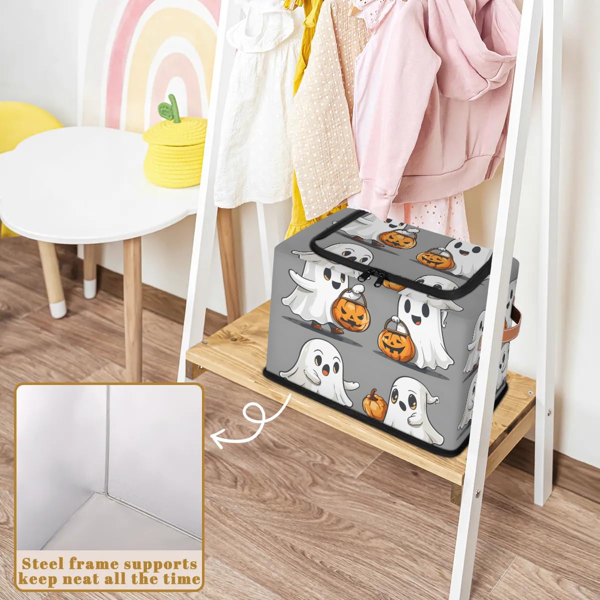 2-Pack Cute Ghost Pumpkin Storage Bins with Zipper Lid - Stackable Metal Frame Closet Organizer Cubes with PU Handles for Clothes, Toys & Seasonal Decor | Halloween, Bedroom & Nursery Storage Solution