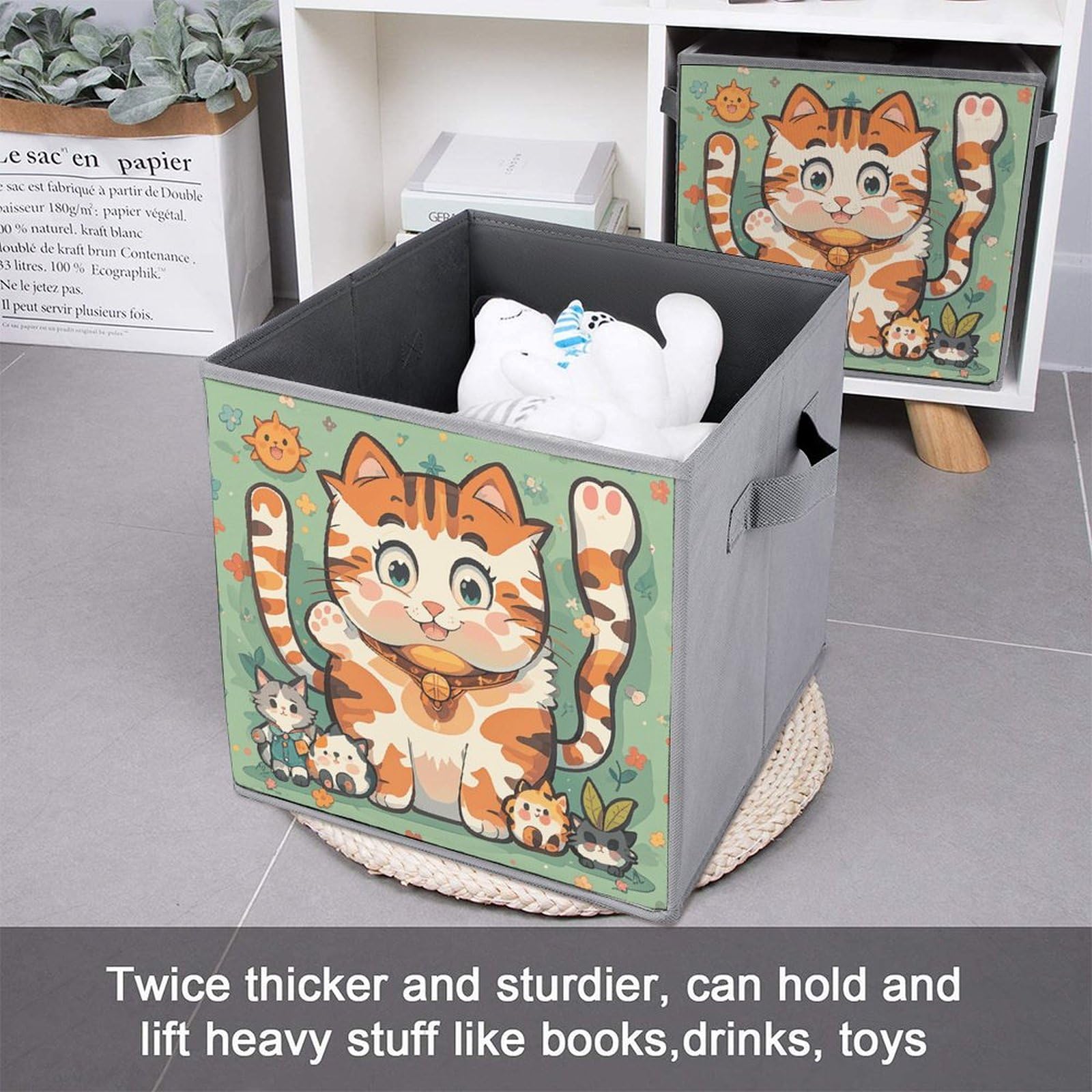 6PCS Collapsible Storage Bins with Handles - Cute Cartoon Cat Printed Foldable Organizer Boxes for Home, Kitchen, Bathroom & Closet Organization - Space Saving Storage Containers for Shelves, Cabinets & Under Bed