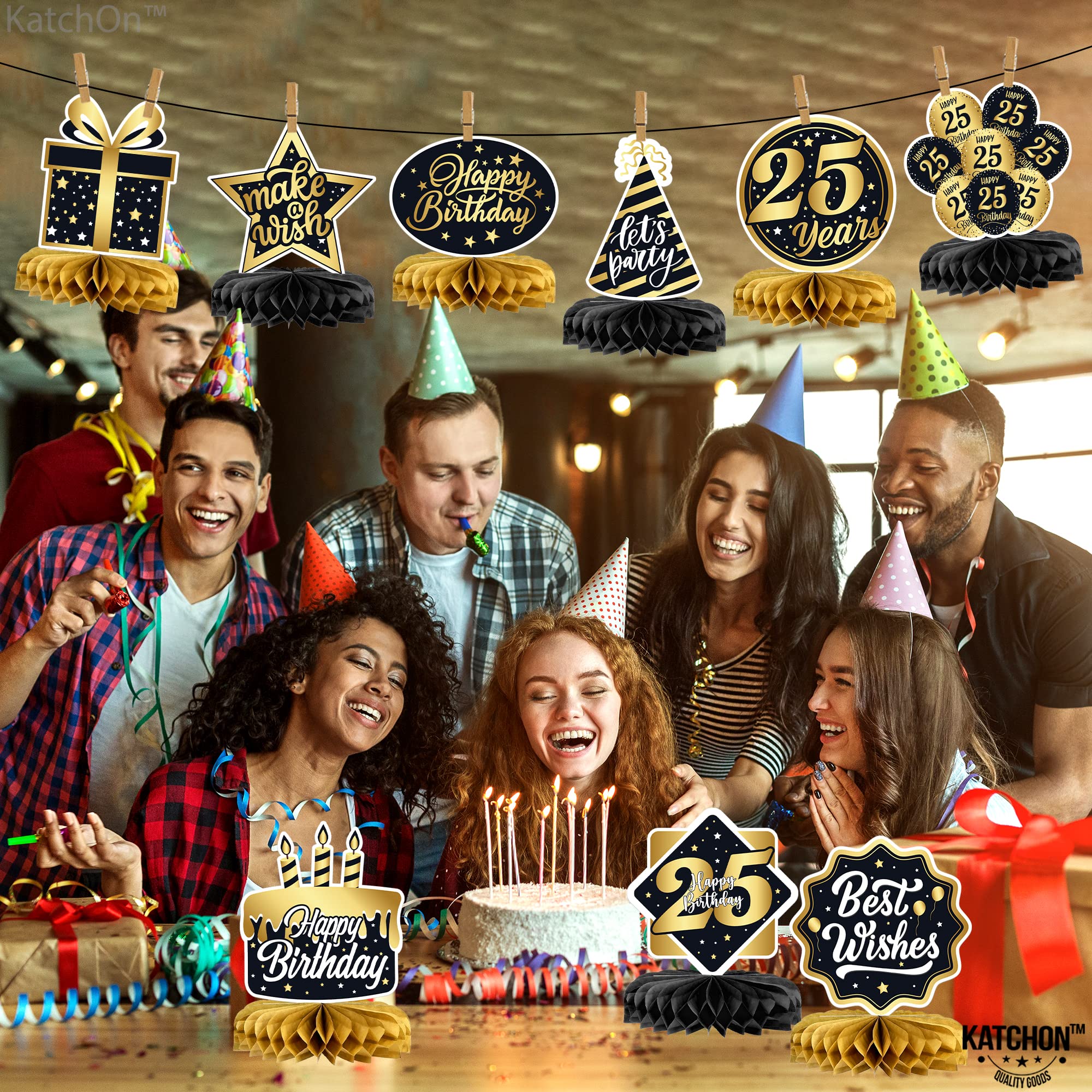 Black and Gold 25th Birthday Party Decorations Set - Pack of 9 Elegant Centerpieces for Tables | Birthday Decor for Men & Women | Perfect for 25th Birthday Celebrations, Anniversaries, and Milestone Parties