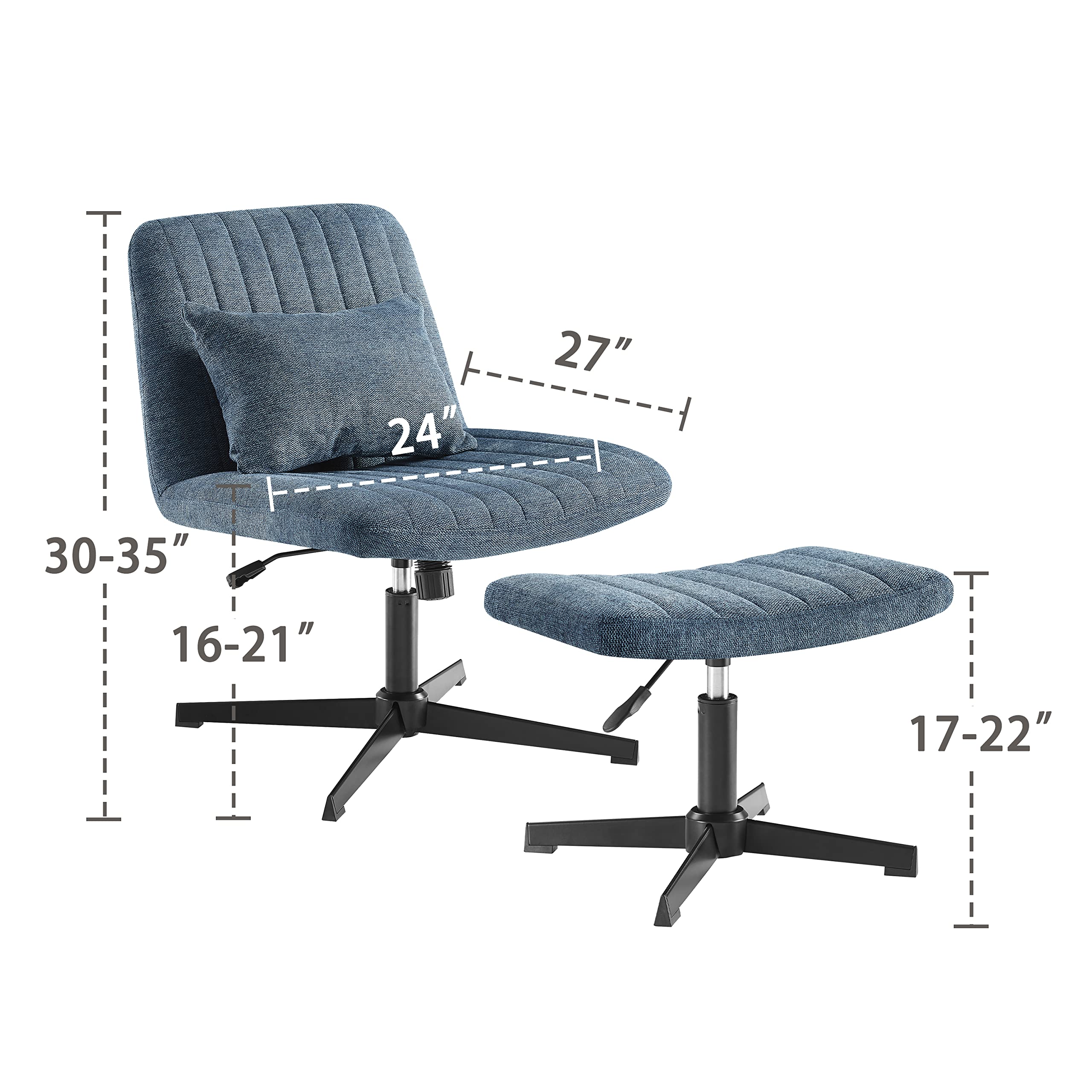 Zouron 360° Swivel Velvet Accent Chair with Ottoman - Adjustable Height Modern Tufted Wingback Club Chair, Upholstered Leisure Chair with Black Metal Legs for Office, Bedroom & Living Room - Perfect for Reading Nooks, Home Theaters and Cozy Conversation Areas (Blue)