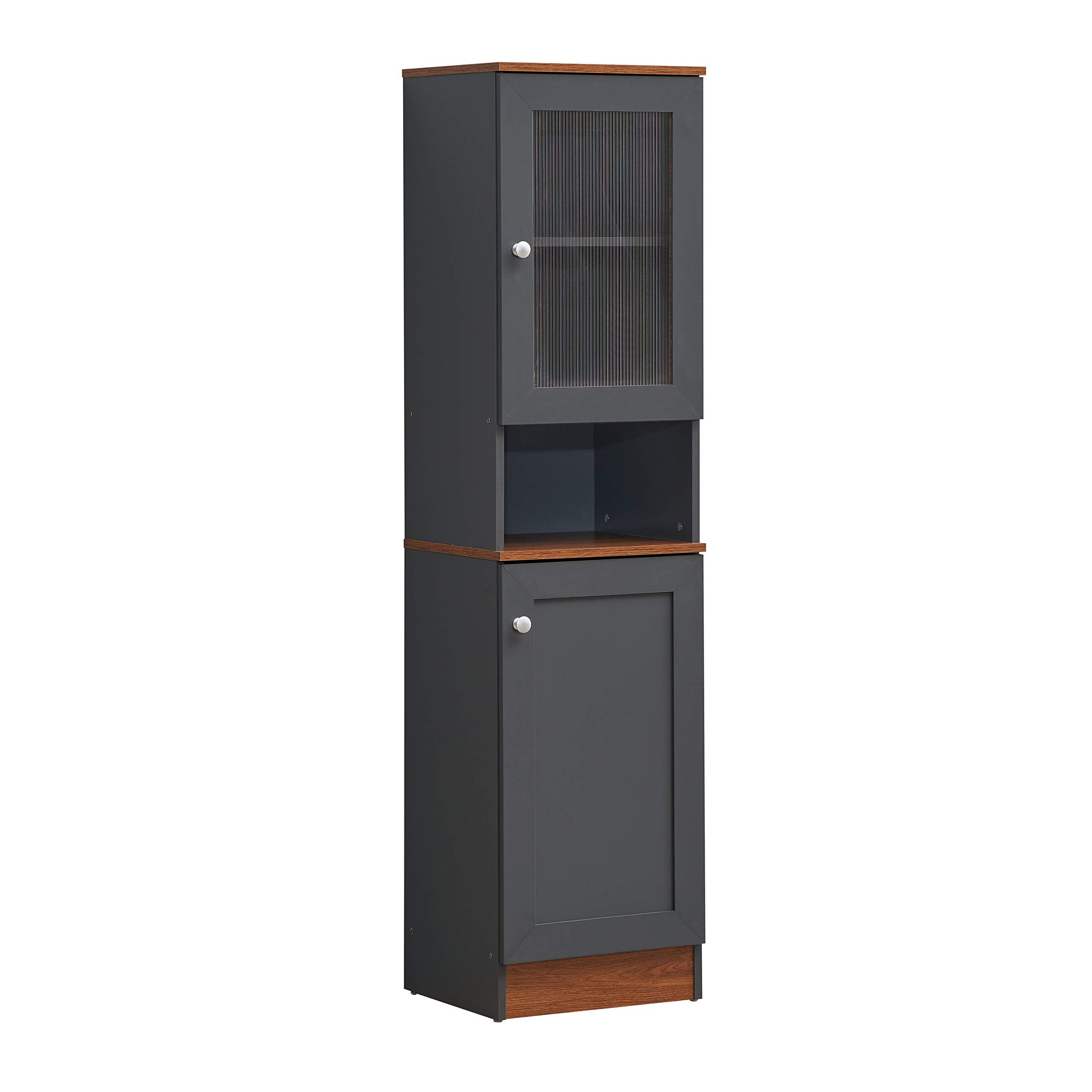 Hodedah 63 Inch Tall Open Shelf Kitchen Pantry with Enclosed Storage - Grey Oak Finish for Small Spaces, Apartment & Home Organization