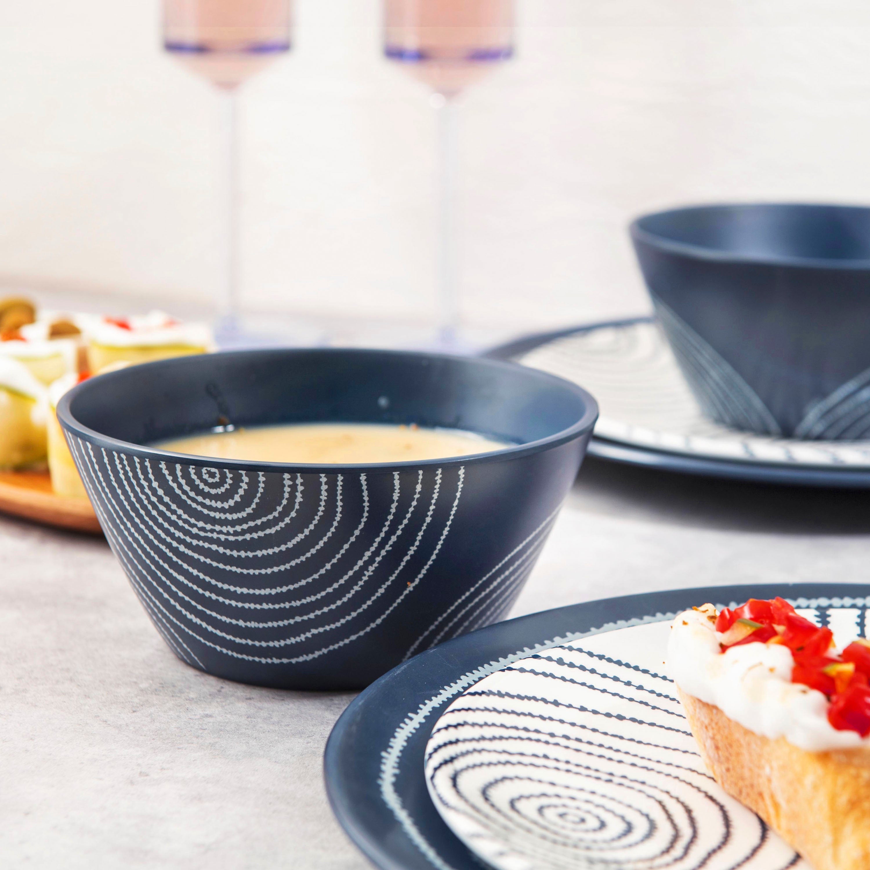 12-Piece Planet Melamine Dinnerware Set - French Navy Blue Plates & Bowls for Outdoor Picnics, Camping, and Durable Everyday Use