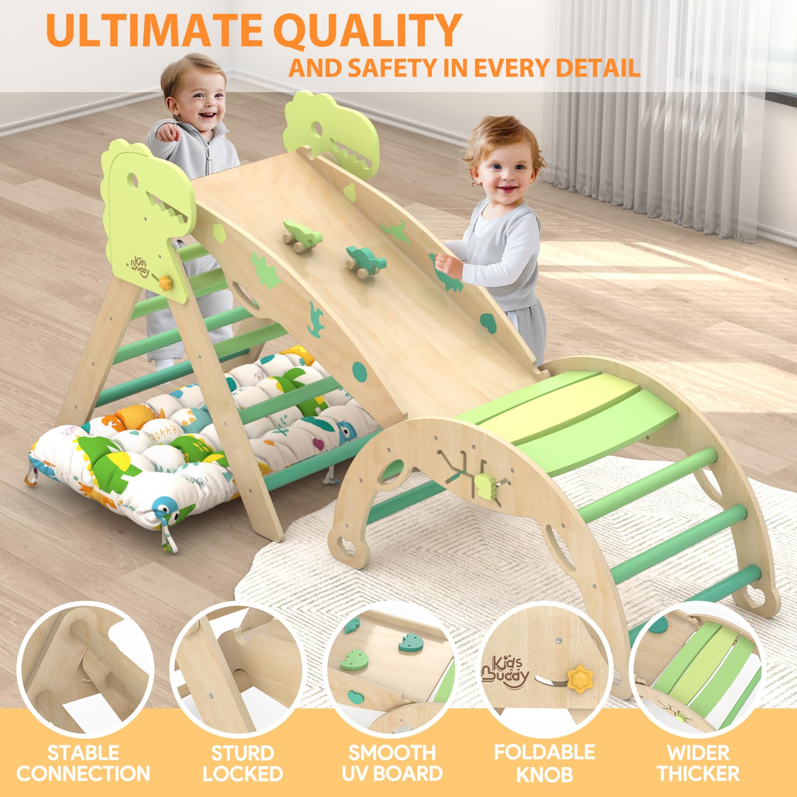 Montessori Wooden Pikler Triangle Climbing Set for Toddlers 1-3 Years - 9-in-1 Indoor Play Gym with Cushion, Maze, Shape Sorter & Dinosaur Car - Perfect for Home Playrooms, Daycares & Early Childhood Development