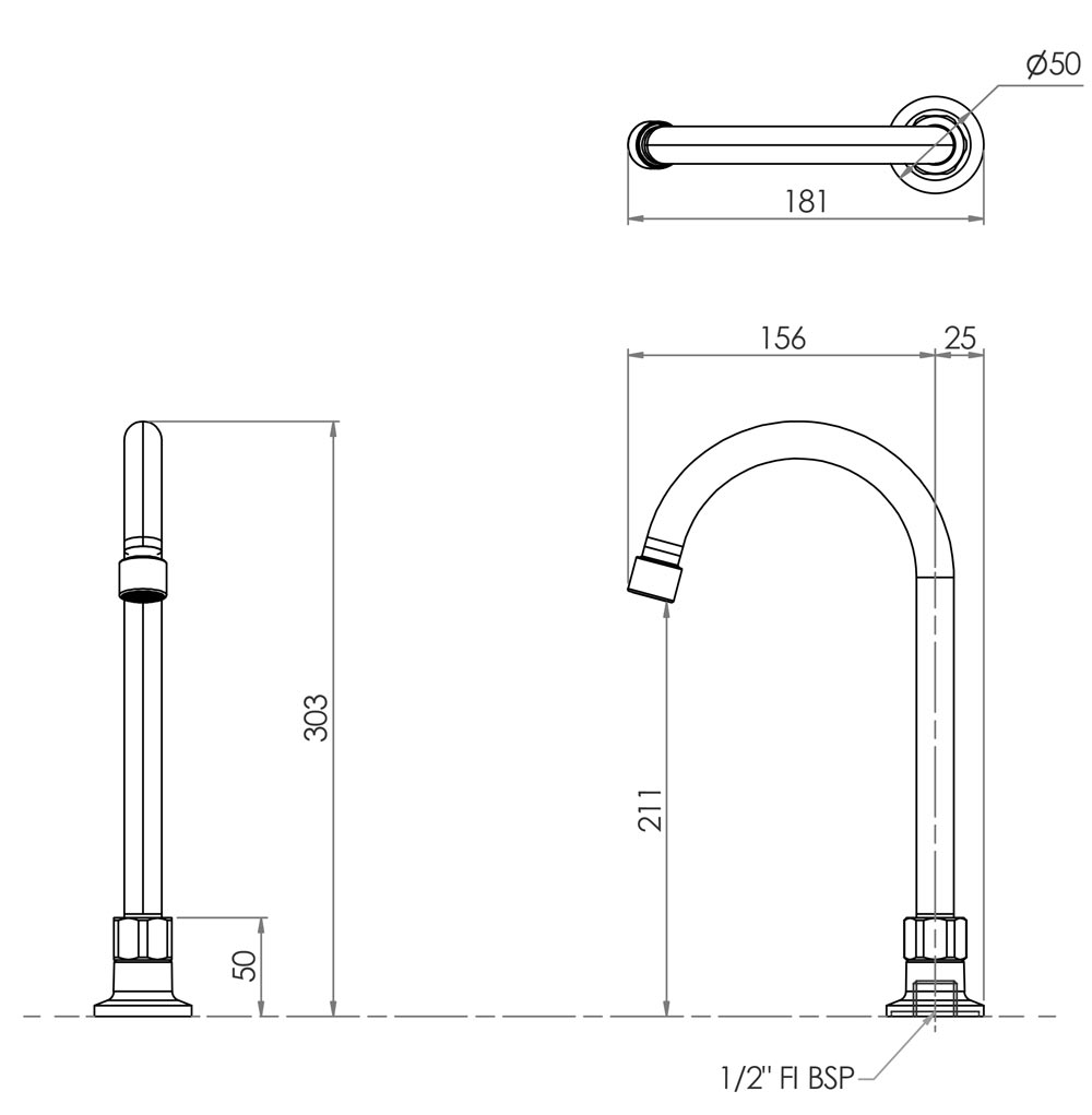 3Monkeez Stainless Steel Single Hob Mount Gooseneck Spout - 12