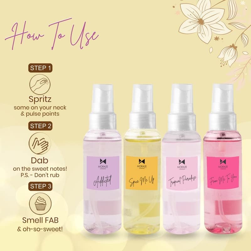 Moraze Long Lasting Body Mist for Men & Women - 4 Pack Travel Size Fragrance Perfume Spray (50ml Each) - Fresh Scent for Daily Use, Gym, Office & Outdoor Activities