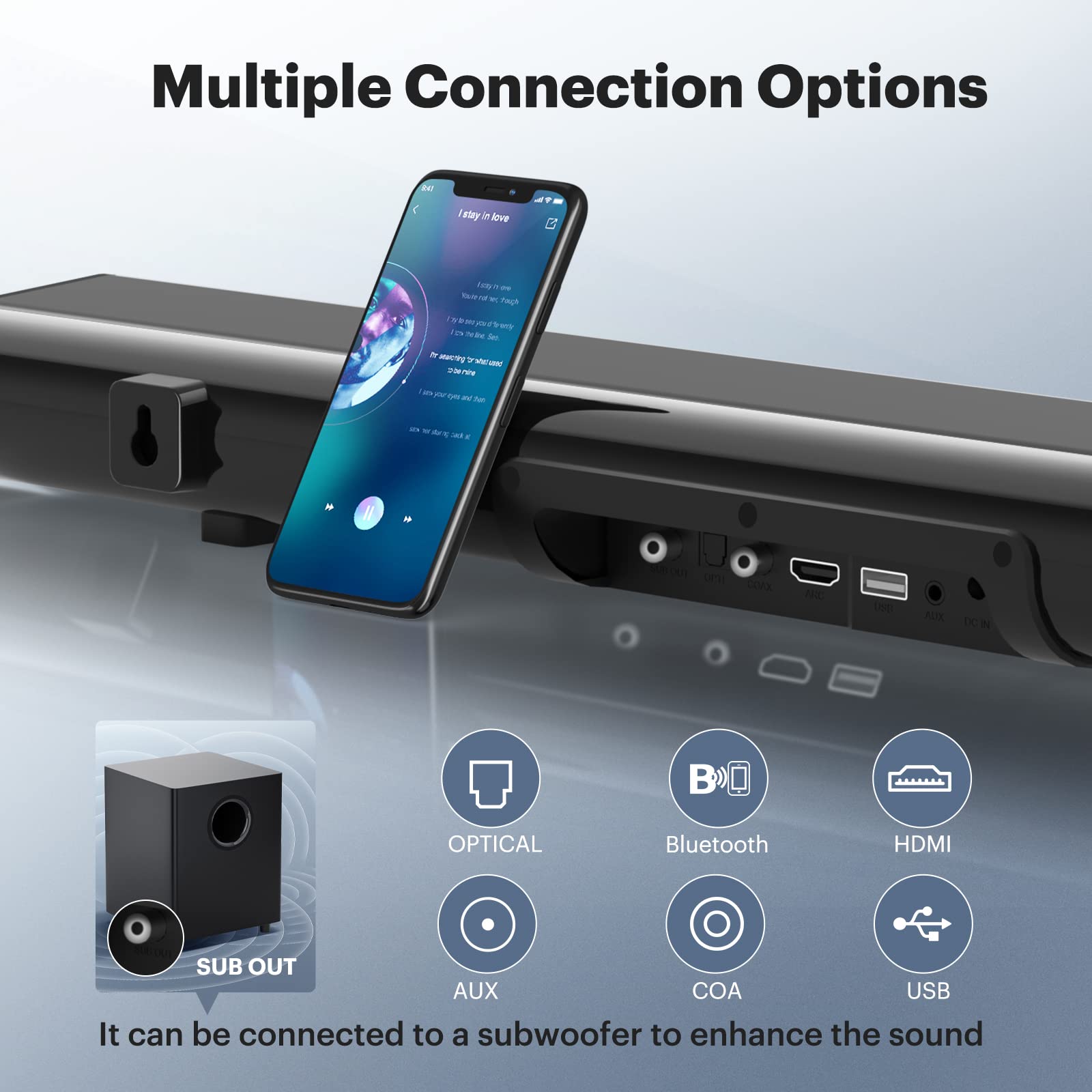 EFANDI 2.1 Channel TV Soundbar with Wireless Bluetooth 5.0 - Surround Sound System with Remote Control, HDMI ARC, AUX, USB, Optical & Coaxial Inputs for Smart TV, PC, Laptop, Smartphone - Perfect for Home Theater, Gaming & Music Streaming (Black)