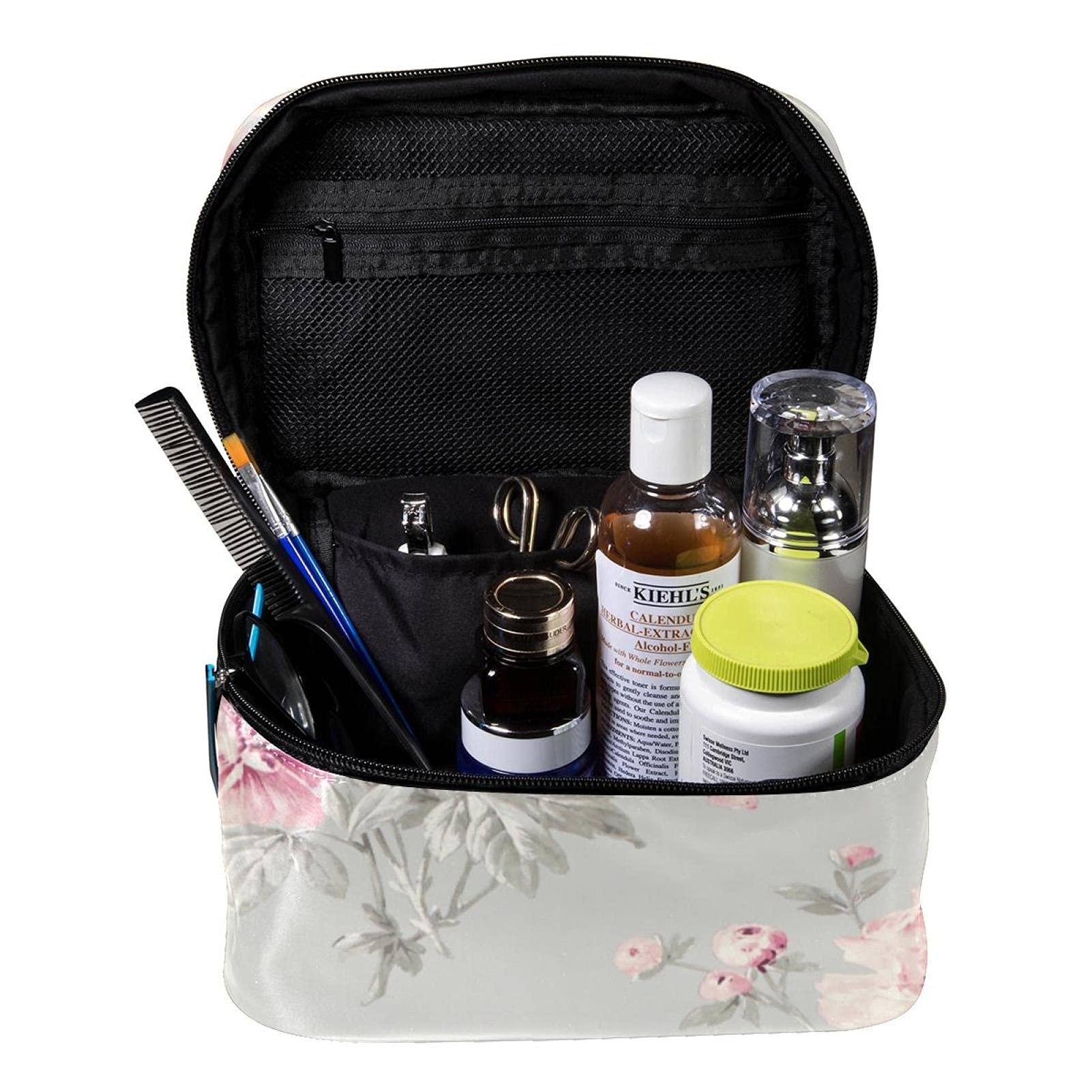 **Pink Floral Print Large Travel Makeup Bag for Women – Waterproof Cosmetic Organizer with Zipper, Perfect for Toiletries, Travel, Gym & Daily Use**