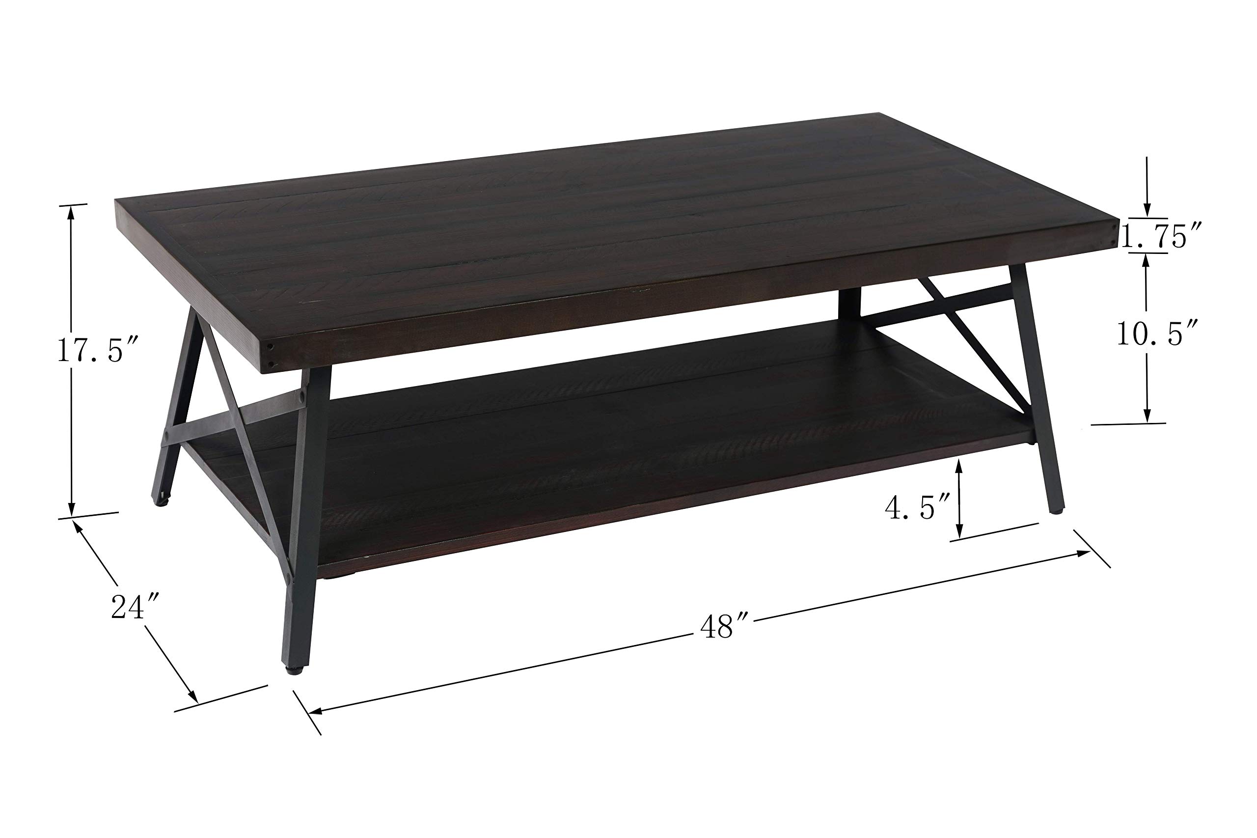 Emerald Home Chandler Rustic Coffee Table - Dark Brown Pine Wood Open Storage Cocktail Table for Living Room, Farmhouse & Rustic Home Decor - Perfect for Entertaining & Displaying Books, Plants & Decorative Items