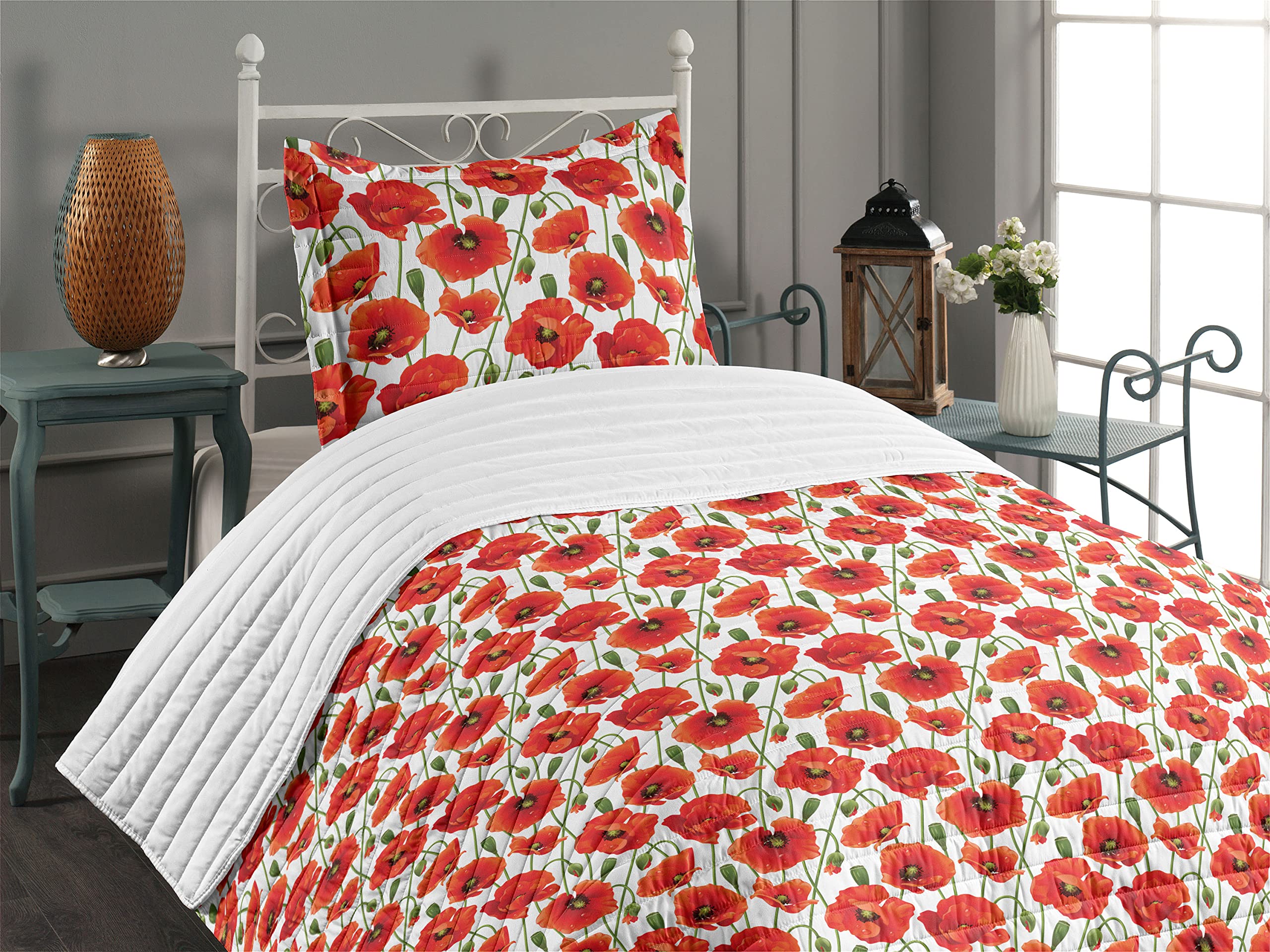 Lunarable Poppy Flower Microfiber Bedspread Set - Twin Size Soft Comforter with Pillow Sham | Orange Fern Green White Bloom Design | Perfect for Spring Bedroom Decor & Cozy Home Styling