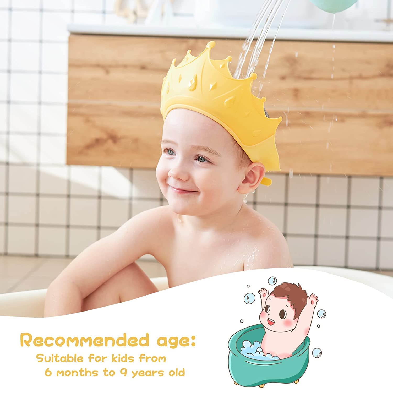 RIANZ Baby Shower Cap Shield - Waterproof Bath Visor Hat for Kids Age 0-9 | Eye & Ear Protection | Fun Crown Design for Safe & Enjoyable Bath Time (Yellow)