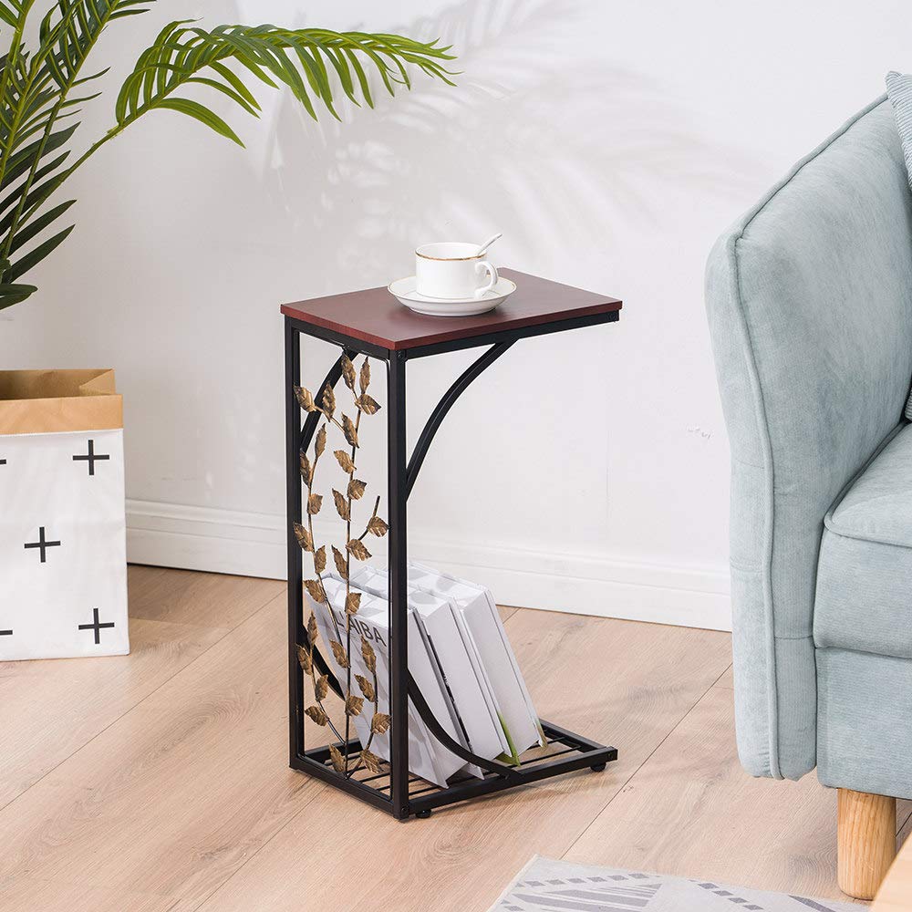 Brown Wooden C-Shaped End Table with Leaf Pattern - Sofa Side Table, Coffee Tray & Snack Table for Living Room - Perfect for Small Spaces, Apartments & Cozy Home Decor