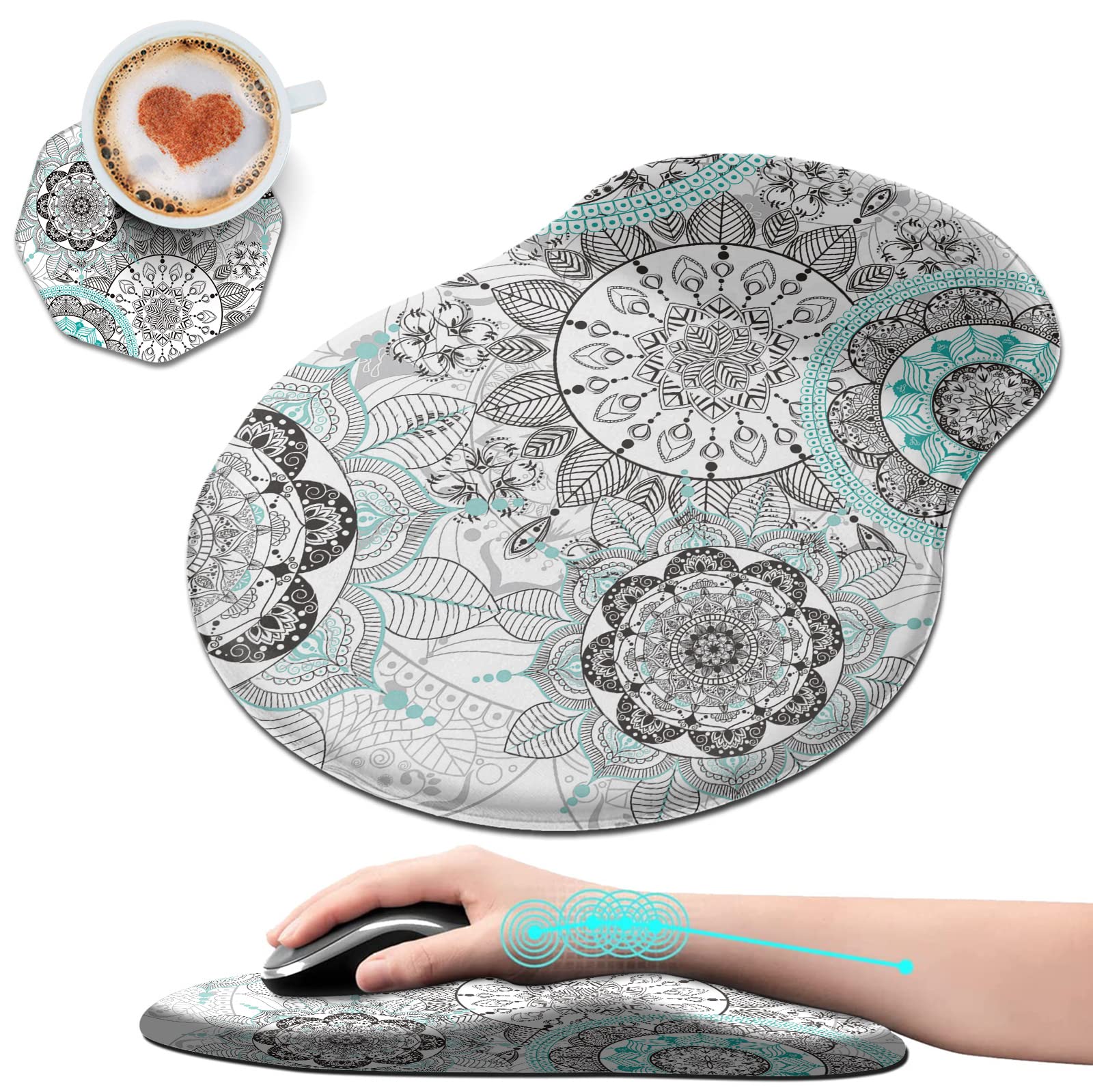 Ergonomic Mouse Pad with Wrist Rest - Thick Non-Slip PU Base for Pain Relief & Carpal Tunnel Support | Includes Cup Coasters | Perfect for Office, Gaming & Home Computer Use | Cyan Mandala Design