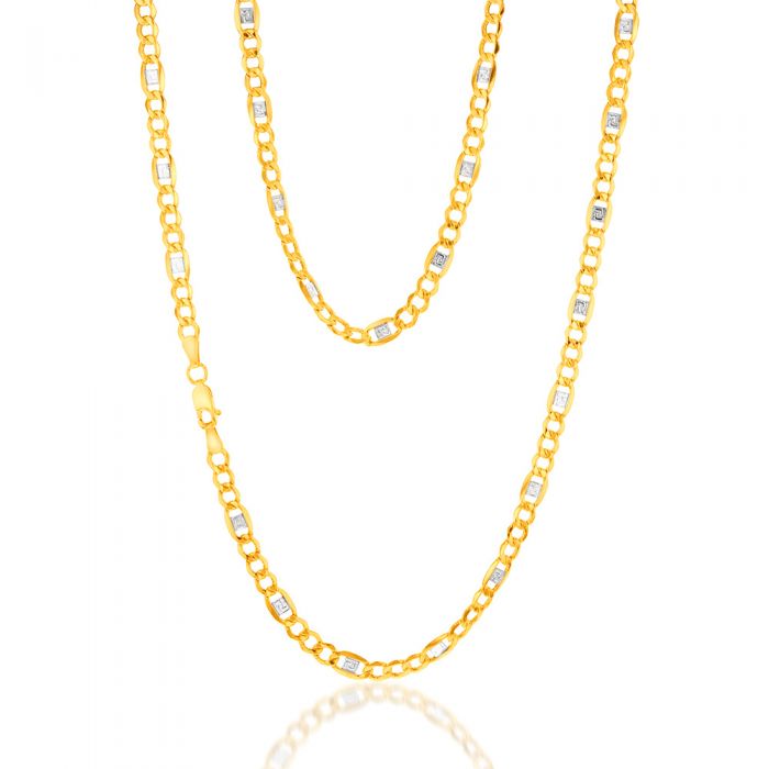 9ct White and Yellow Gold Silver-Filled Figaro Curb with Greek Link 55cm Two-Tone Chain - Elegant Jewelry for Women, Perfect for Layering, Gift Giving, and Everyday Wear