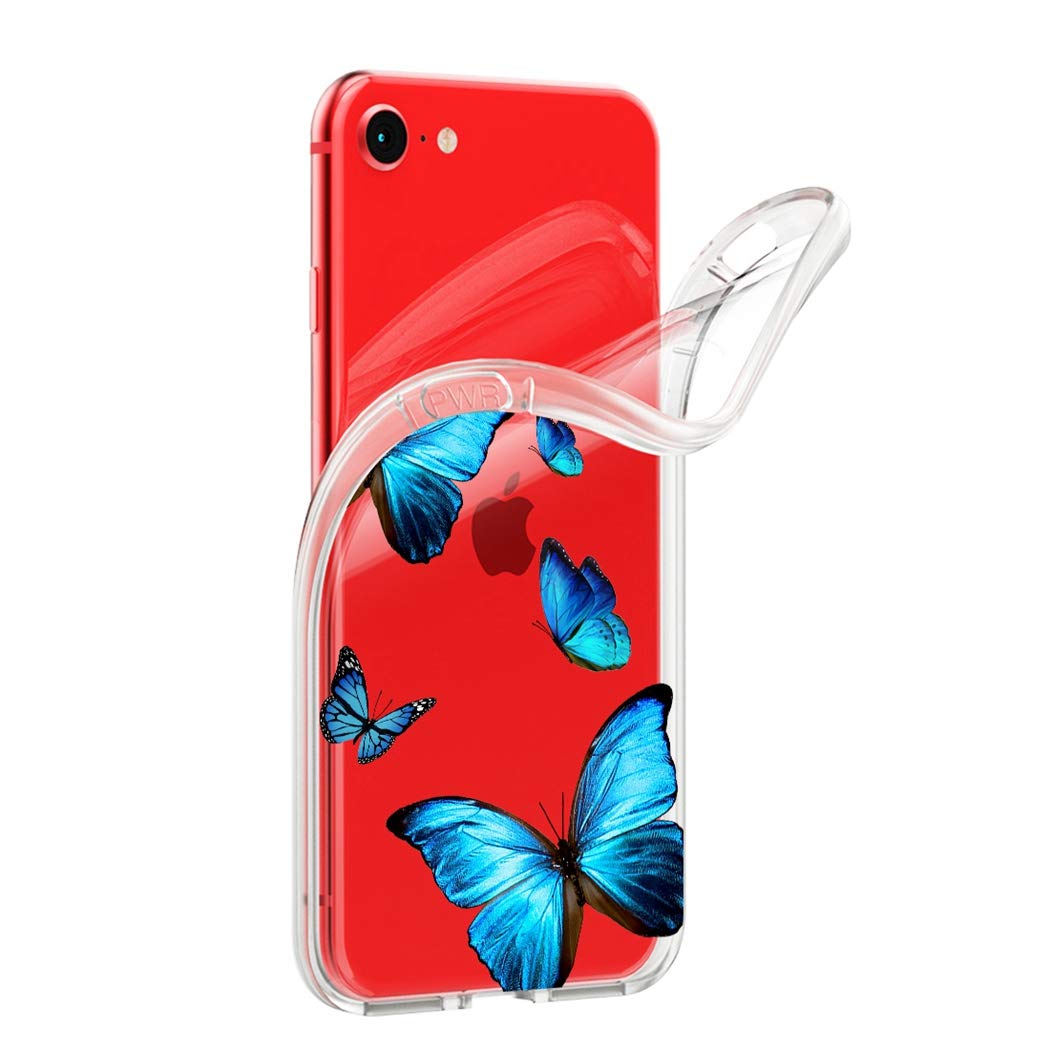 Clear Soft TPU Shockproof Protective Phone Case for iPhone SE 2020/iPhone 8/iPhone 7 (4.7 Inch) - Cute Blue Butterfly Design for Women & Girls | Perfect for Everyday Use, Work & Travel