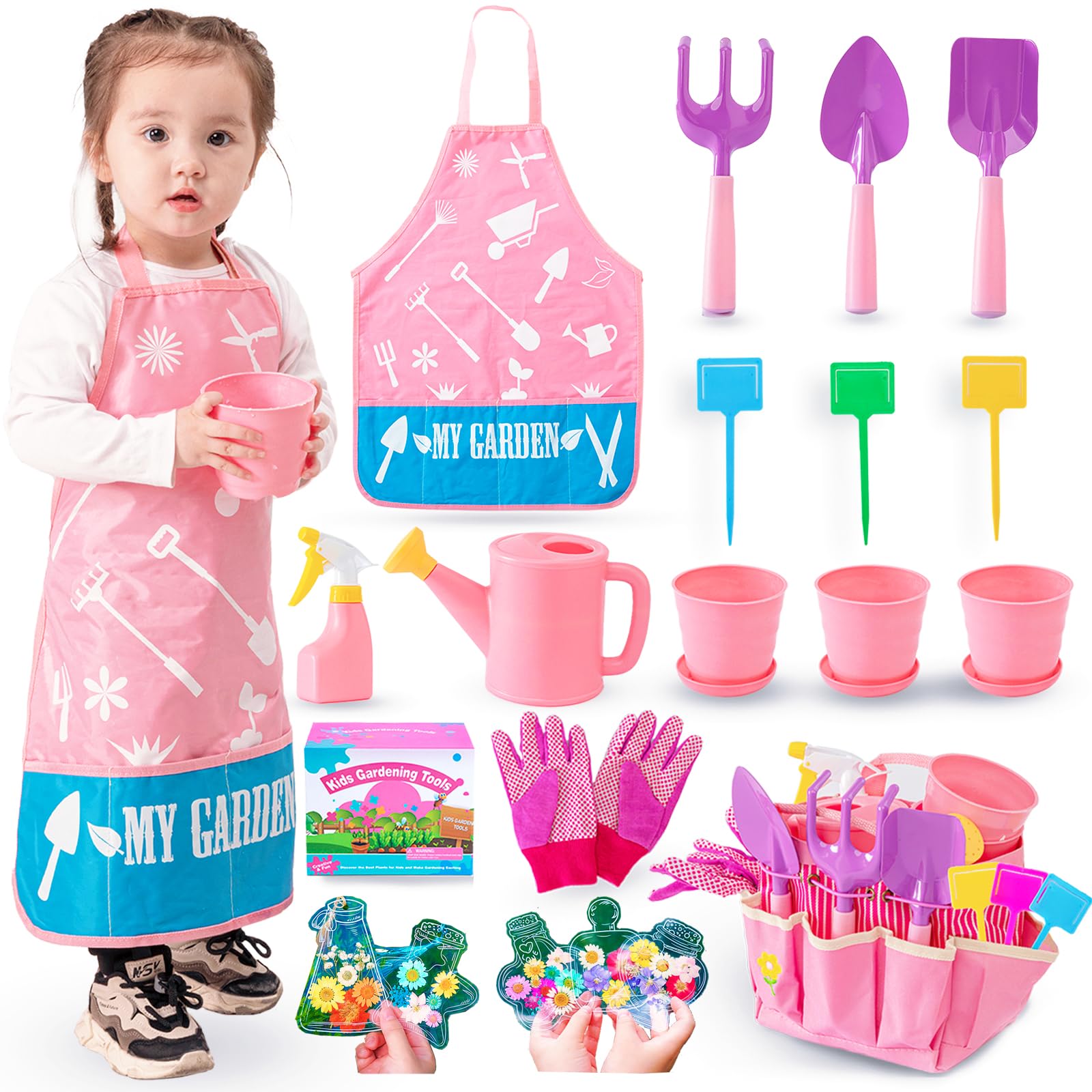 **Pink Kids Gardening Tools Set - Metal Rake, Shovel, Trowel, Watering Can, Gloves, Tote Bag & Plant Pots - Outdoor Garden Toy Gift for Toddler Boys & Girls - Perfect for Spring & Summer Planting Activities**