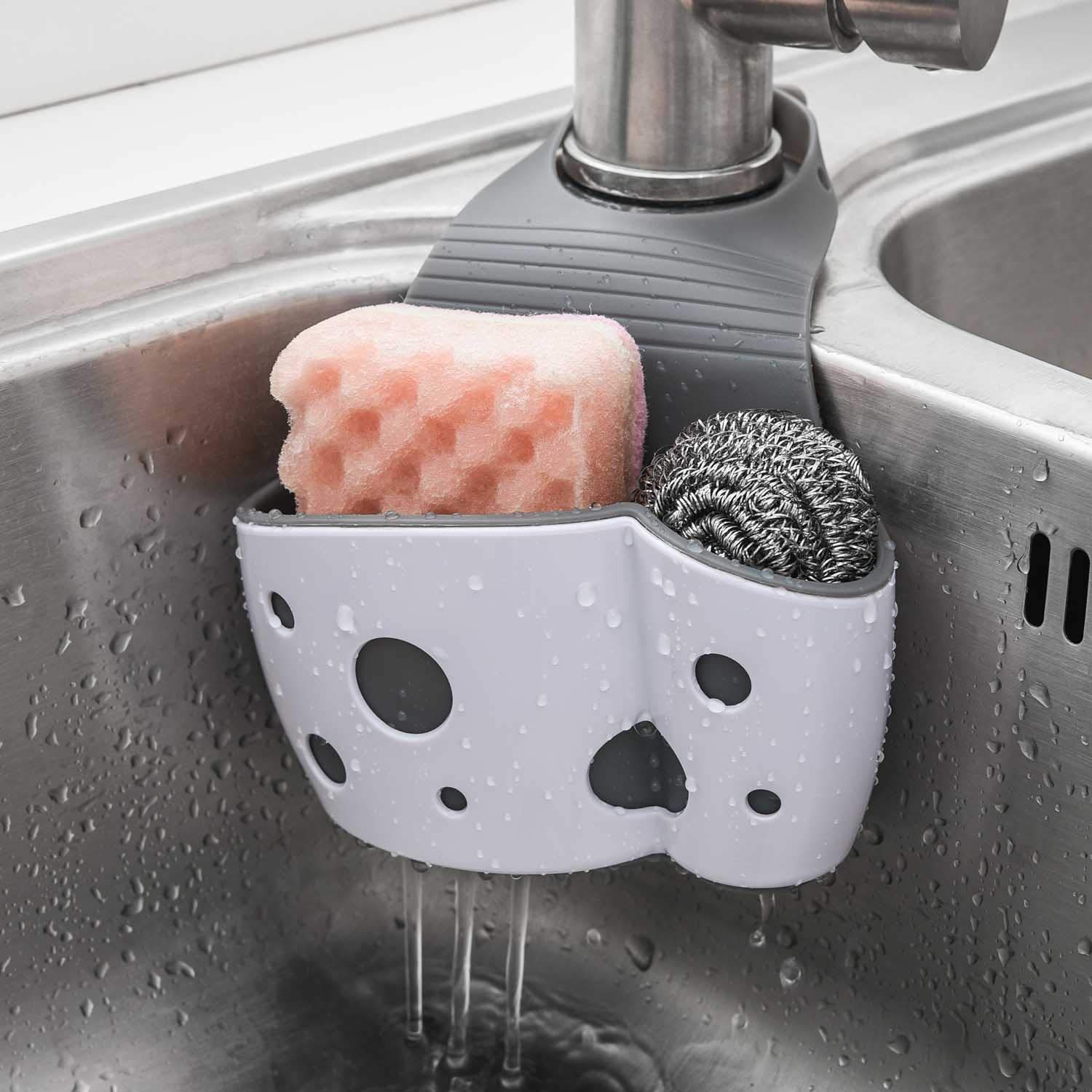 UNIKON 2 Pack Adjustable Hanging Sink Caddy Sponge Holder - Kitchen Faucet Organizer with Strap for Sponges & Brushes (White) - Perfect for Small Kitchen Sinks & Clutter-Free Countertops