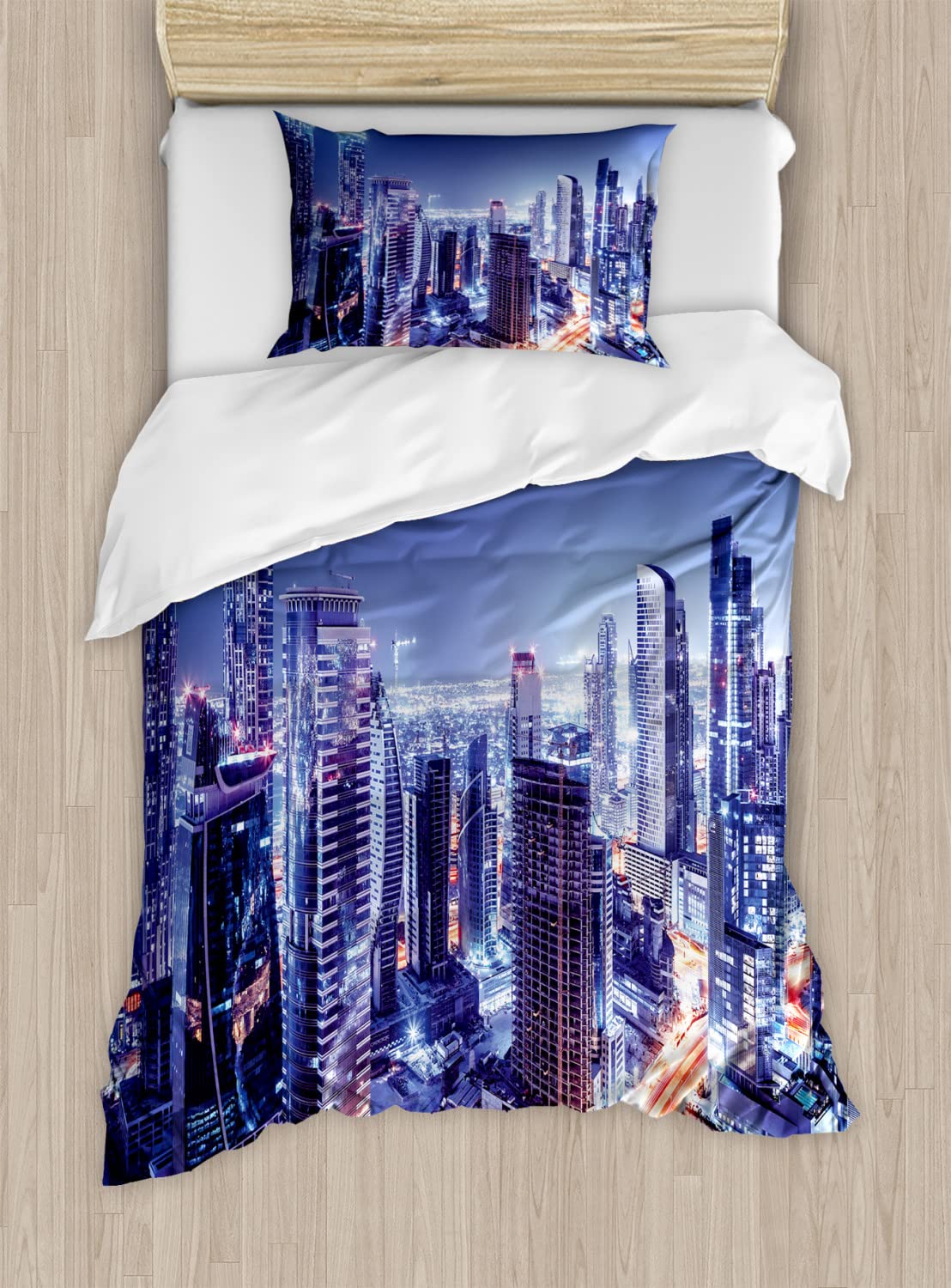 Ambesonne Dubai Skyline Duvet Cover Set - Twin Size 2-Pack with 2 Duvet Covers & 2 Pillowcases - Modern UAE Cityscape Bedding in Violet Blue Orange | Perfect for Travel Lovers & Urban Decor Bedrooms