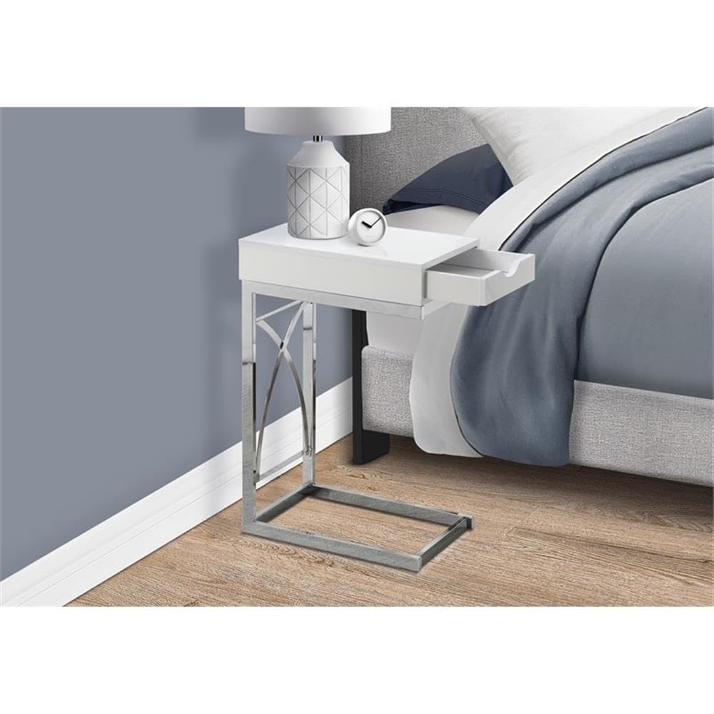 Monarch Specialties 3170 C-Shaped End Side Table with Drawer - Glossy White Laminate & Chrome Metal - 10.25