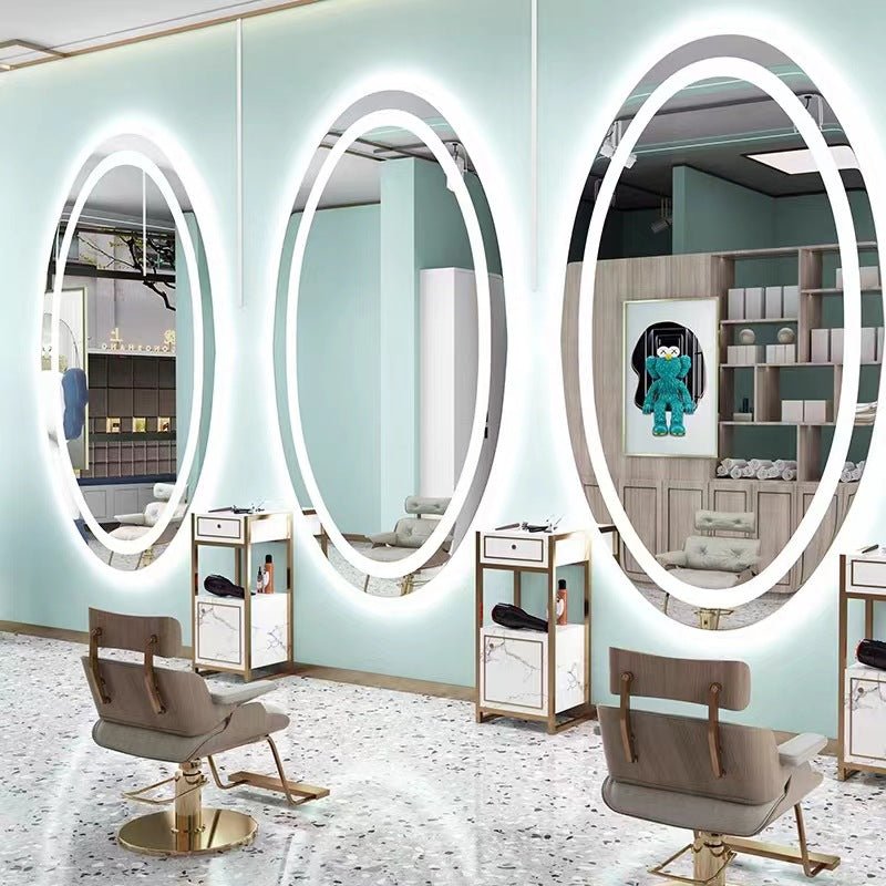 Professional Ellipse Oval LED Salon Mirror with Adjustable Brightness - Perfect for Makeup, Hairstyling & Beauty Treatments at Home or Salon