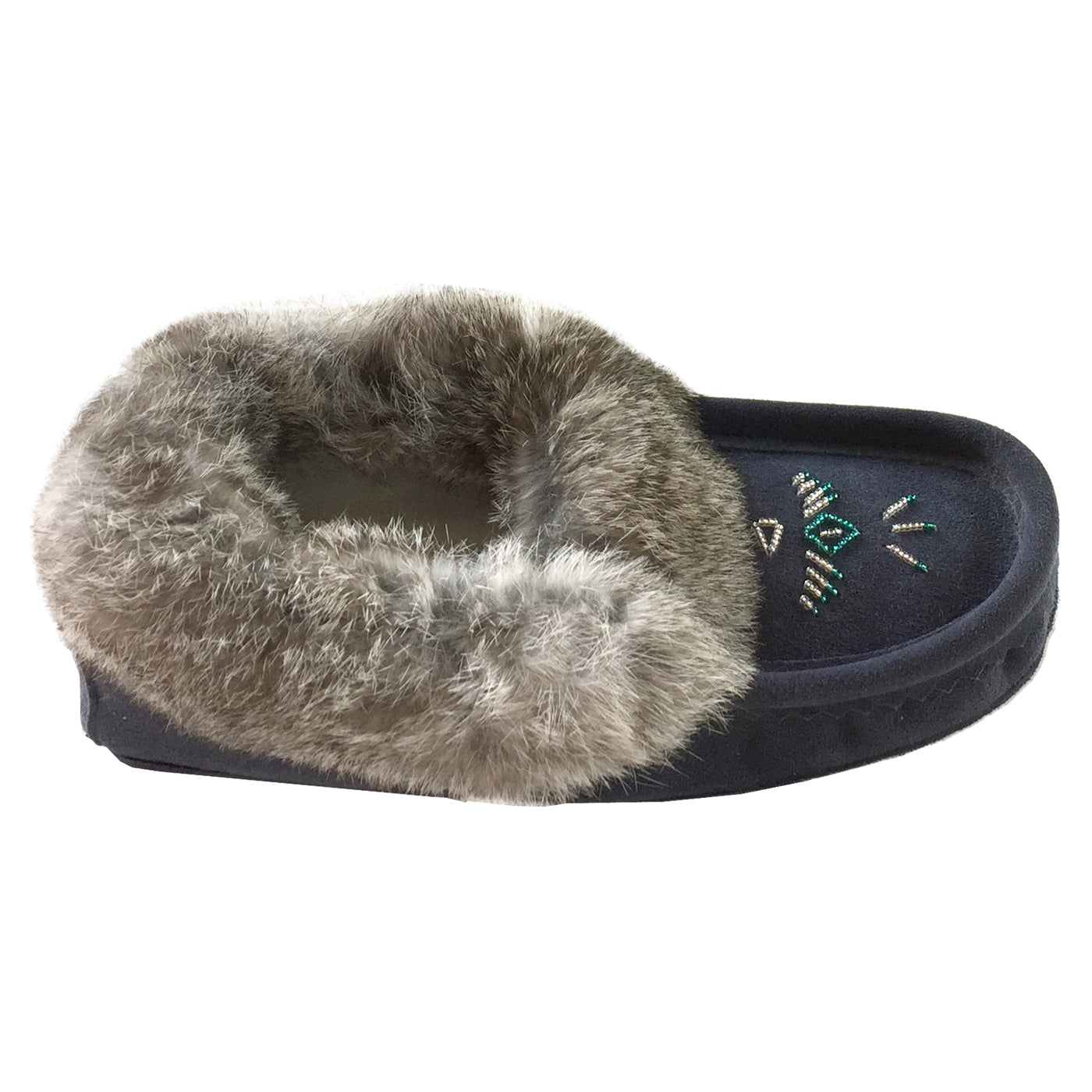 Women's Soft Rabbit Fur Thunderbird Beaded Moccasins - Comfortable Navy Blue Native American Style Slip-On Shoes for Casual Wear, Home & Winter Indoor Use