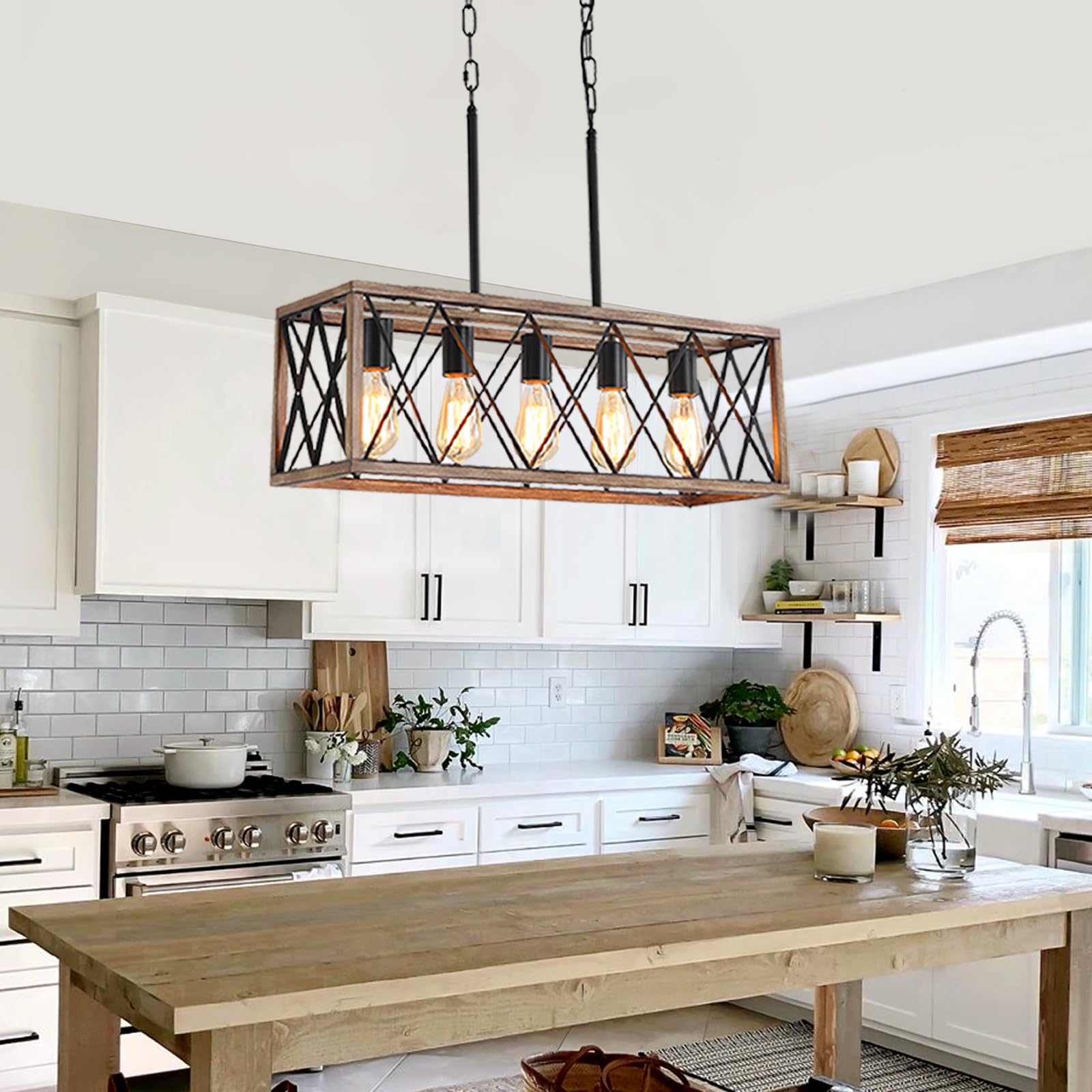 Farmhouse 5-Light Adjustable Height Dining Room Chandelier - Industrial Metal Kitchen Pendant Lighting for Island, Table & Sink - Wood Grain Finish - Perfect for Rustic Kitchens, Dining Areas & Farmhouse Decor