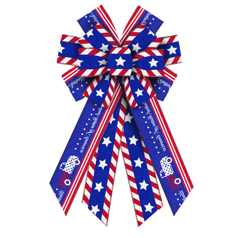 Large 4th of July Wreath Bows - Patriotic Red White Blue Burlap Bows for Memorial Day, Front Door Decor, American Star Tree Topper | Farmhouse Indoor Outdoor Holiday Decorations for Independence Day & Patriotic Celebrations