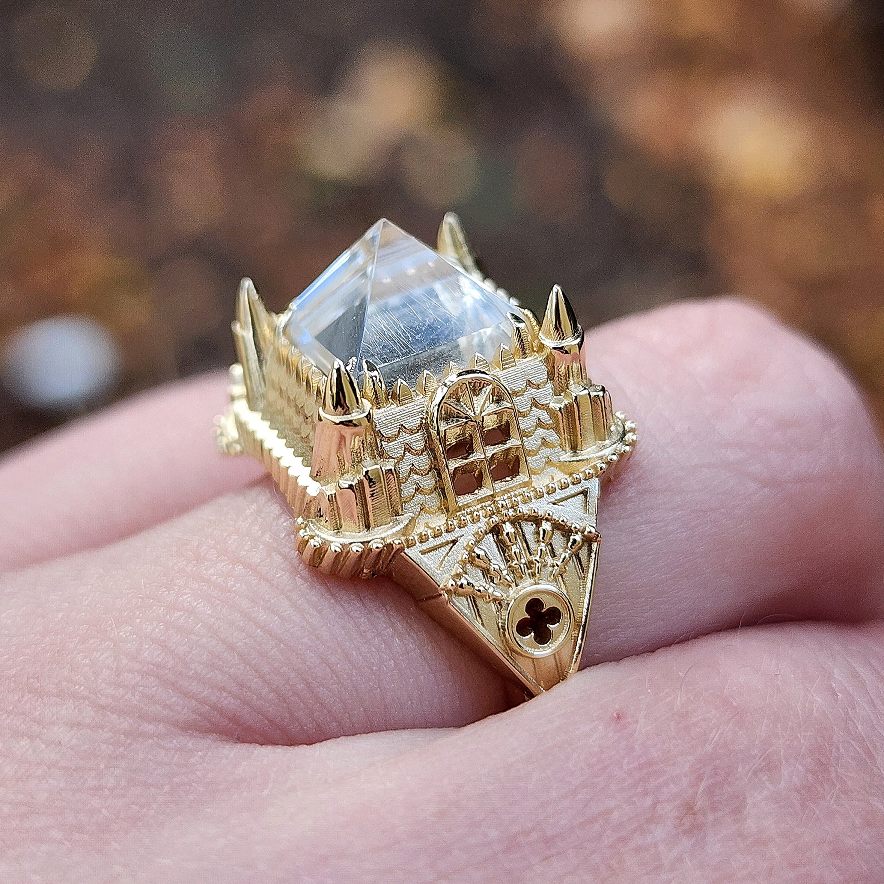 14K Gold Haunted Castle Tower Ring with Pyramid Quartz & Hidden Skull - Gothic Cocktail Ring for Women - Spooky Halloween Jewelry Gift for Goth Lovers (Perfect for Halloween Parties, Cosplay & Dark Fashion)