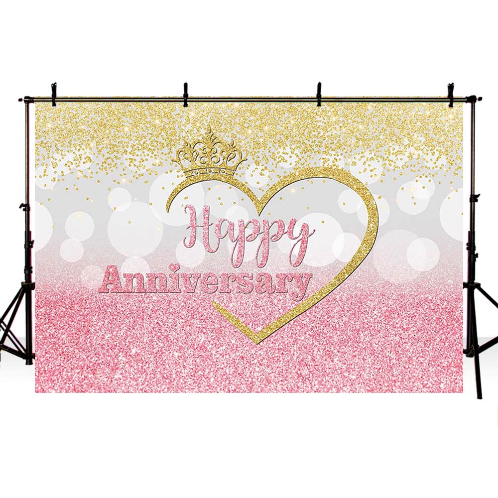 Happy Anniversary Backdrop - Pink Silver Gold Glitter Vinyl Photo Booth Background for 1st, 10th, 50th Wedding Anniversary Decor (7x5ft) | Couple Cheers Crown Design | Party Photography Studio Props | Perfect for Wedding Celebrations, Photo Shoots & Anniversary Parties