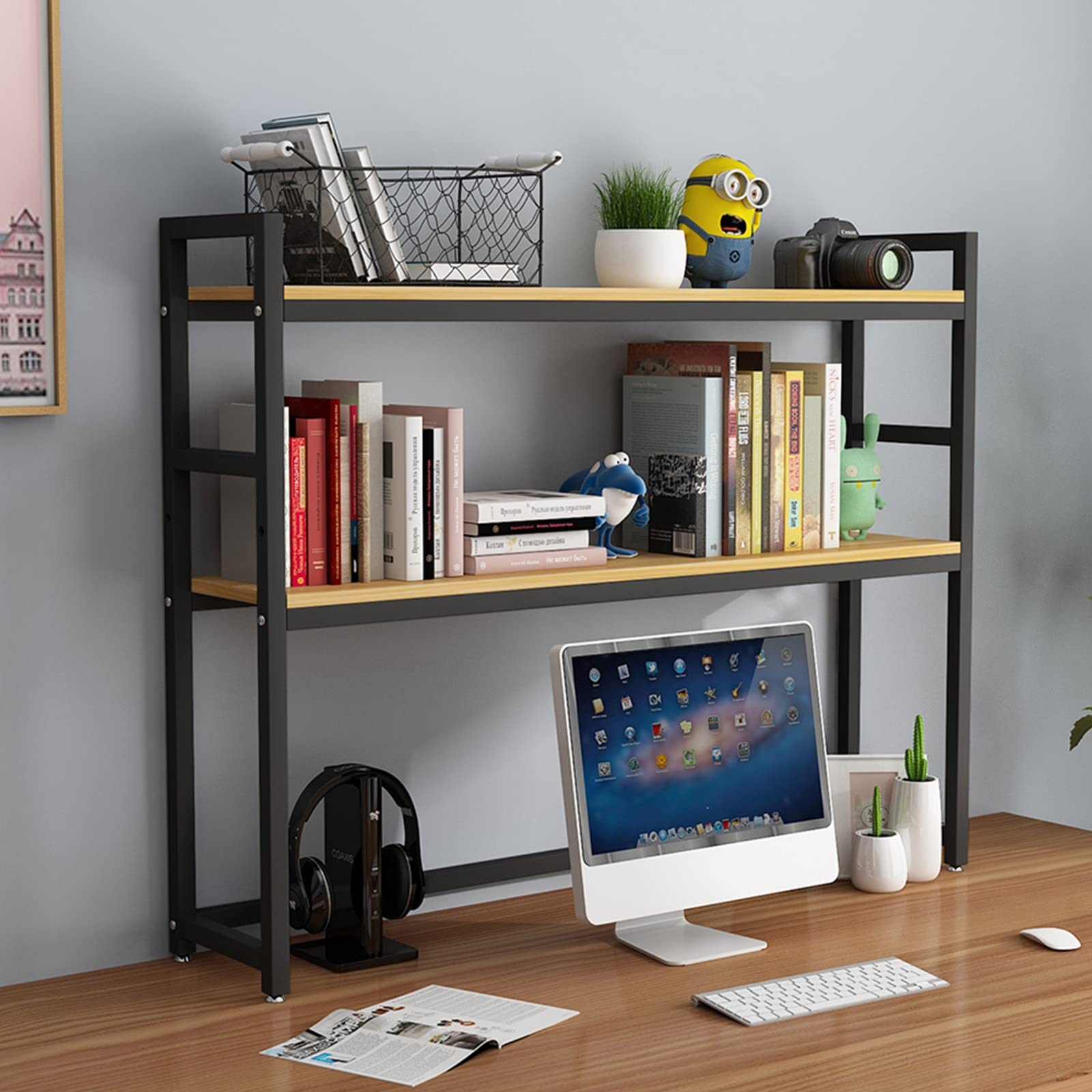 2-Tier Desktop Bookcase for Computer Desk - Multipurpose Wood Countertop Hutch Bookshelf with Adjustable Shelves - Office, Dorm & Home Organizer for Books, Decor & Supplies (65cm, Espresso) - Perfect for Small Spaces & Workspace Organization
