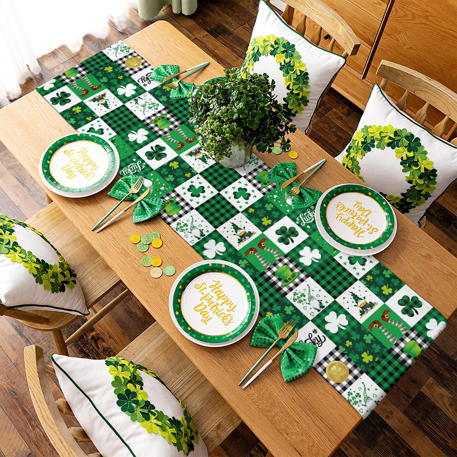 St. Patrick's Day Lucky Clover Table Runner - 72 Inch Irish Green Plaid Cotton Linen Tablecloth for Parties, Weddings & Home Decor | Perfect for Dining Tables, Coffee Tables & Dressers
