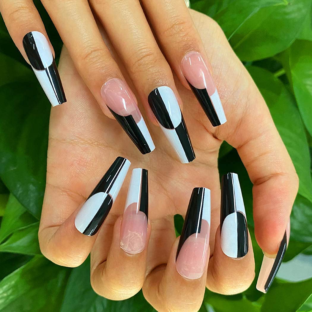 Black and White Geometric Line Art Press On Nails - Extra Long Coffin Ballerina Fake Nails with Glossy Finish - 24Pcs Full Cover Acrylic False Nails for Women & Girls (Style C) - Perfect for Parties, Weddings, and Special Occasions