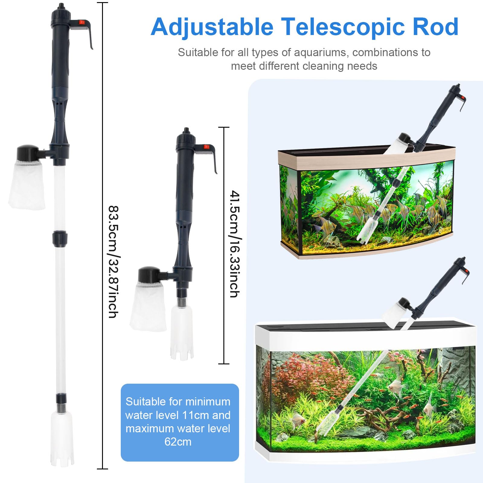 4-in-1 Electric Aquarium Gravel Cleaner & Water Changer - Powerful Siphon Vacuum Pump for Fish Tank Maintenance, Sand Washing & Quick Water Replacement - Perfect for Freshwater & Saltwater Tanks, Home & Office Aquariums