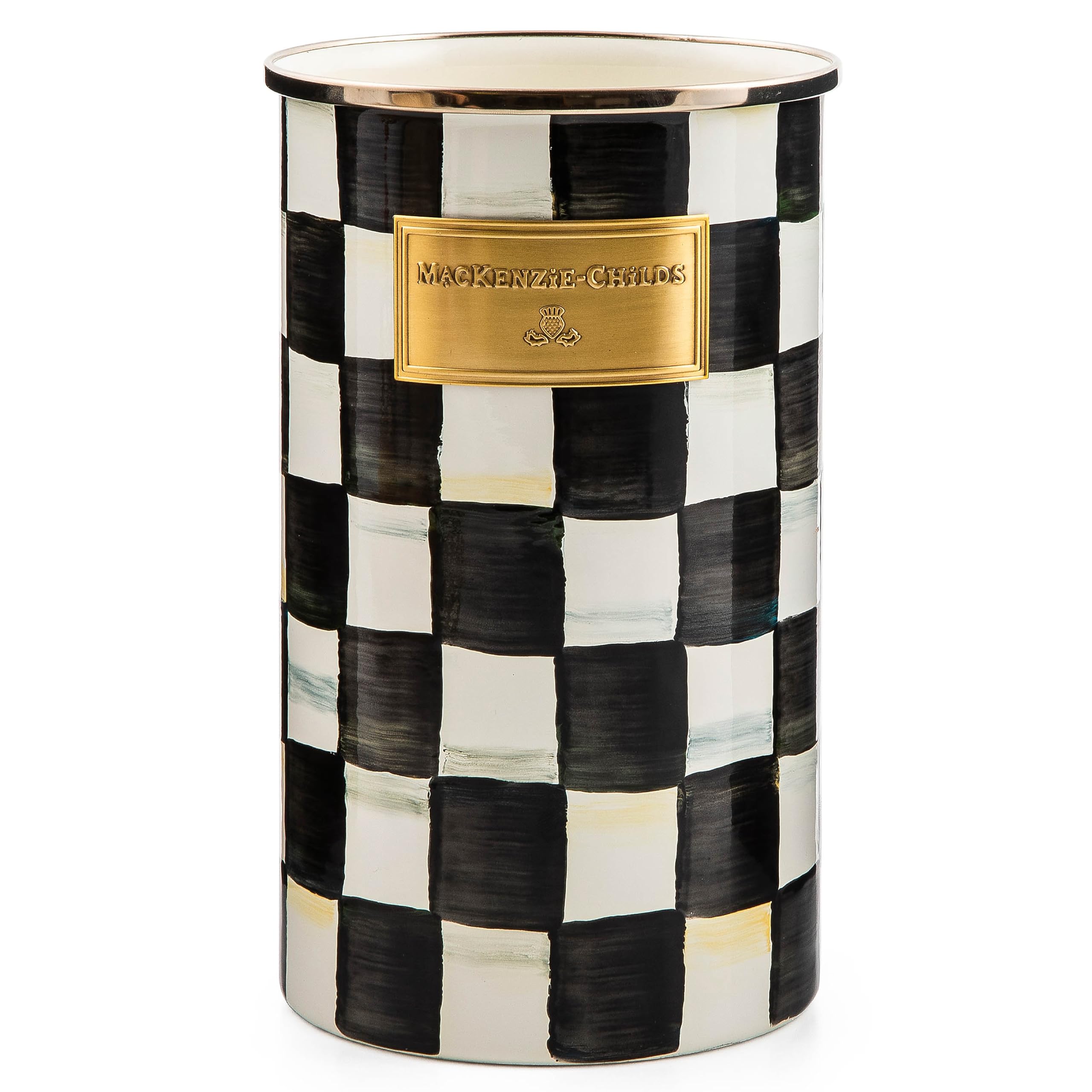 MACKENZIE-CHILDS Black and White Courtly Check Enamel Kitchen Utensil Holder - Countertop Storage Caddy for Spoons, Forks, and Cooking Tools - Perfect for Farmhouse, Cottage, or Vintage Style Kitchens