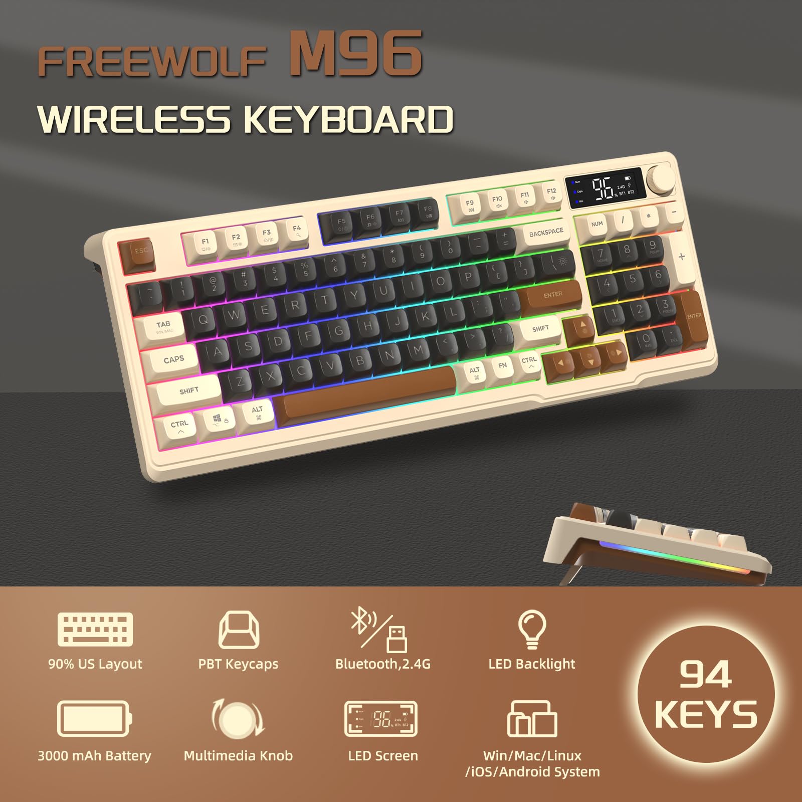 Freewolf M96 Wireless Gaming Keyboard - Bluetooth/2.4G, RGB Backlit, PBT Keycaps for Win/Mac - Perfect for Gaming & Office Work