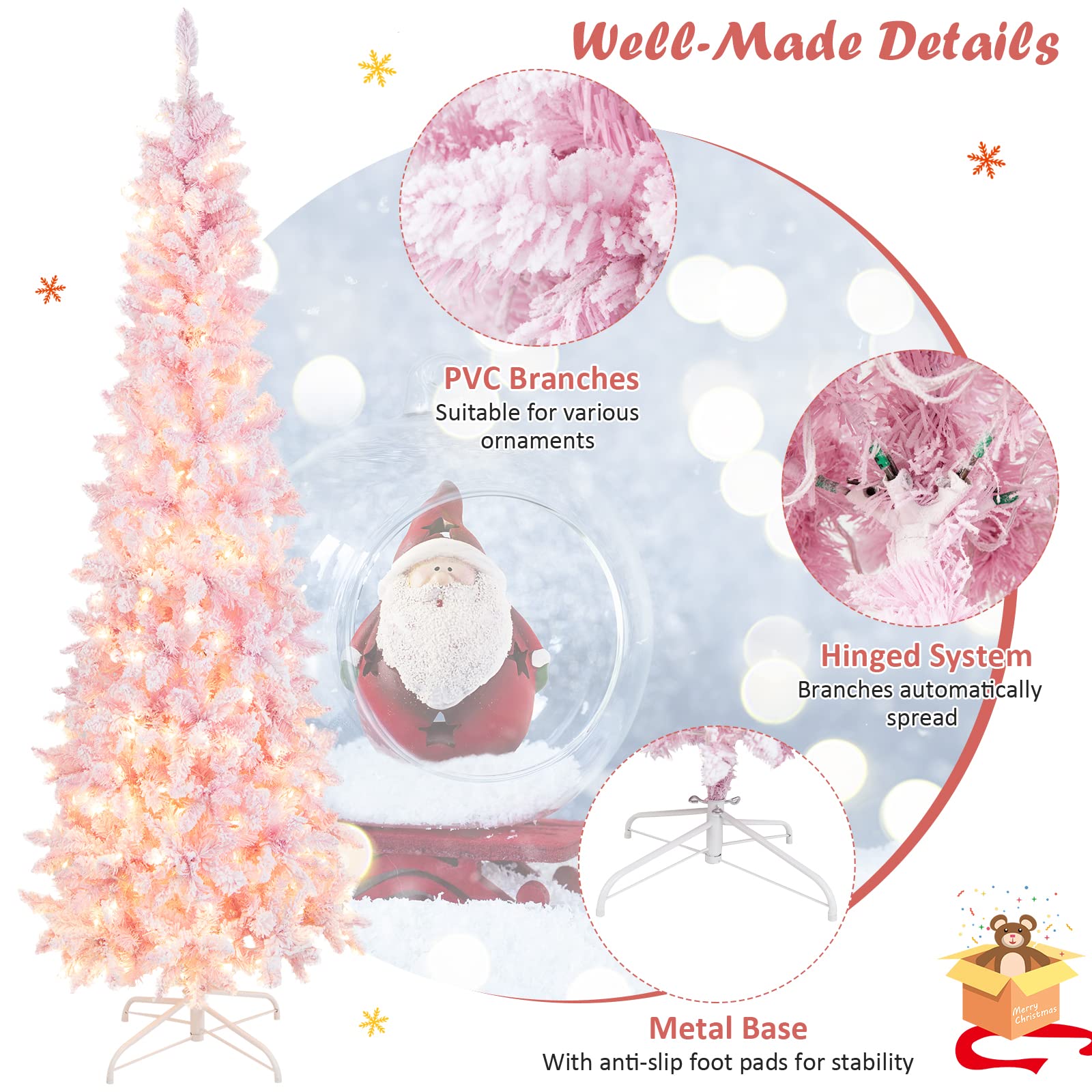 HAPPYGRILL 7FT Pre-Lit Pink Pencil Christmas Tree with Snow Flocked Artificial Slim Design - 800 Branch Tips & 300 LED Lights (8 Lighting Modes) - Perfect for Home, Office, and Holiday Decorations