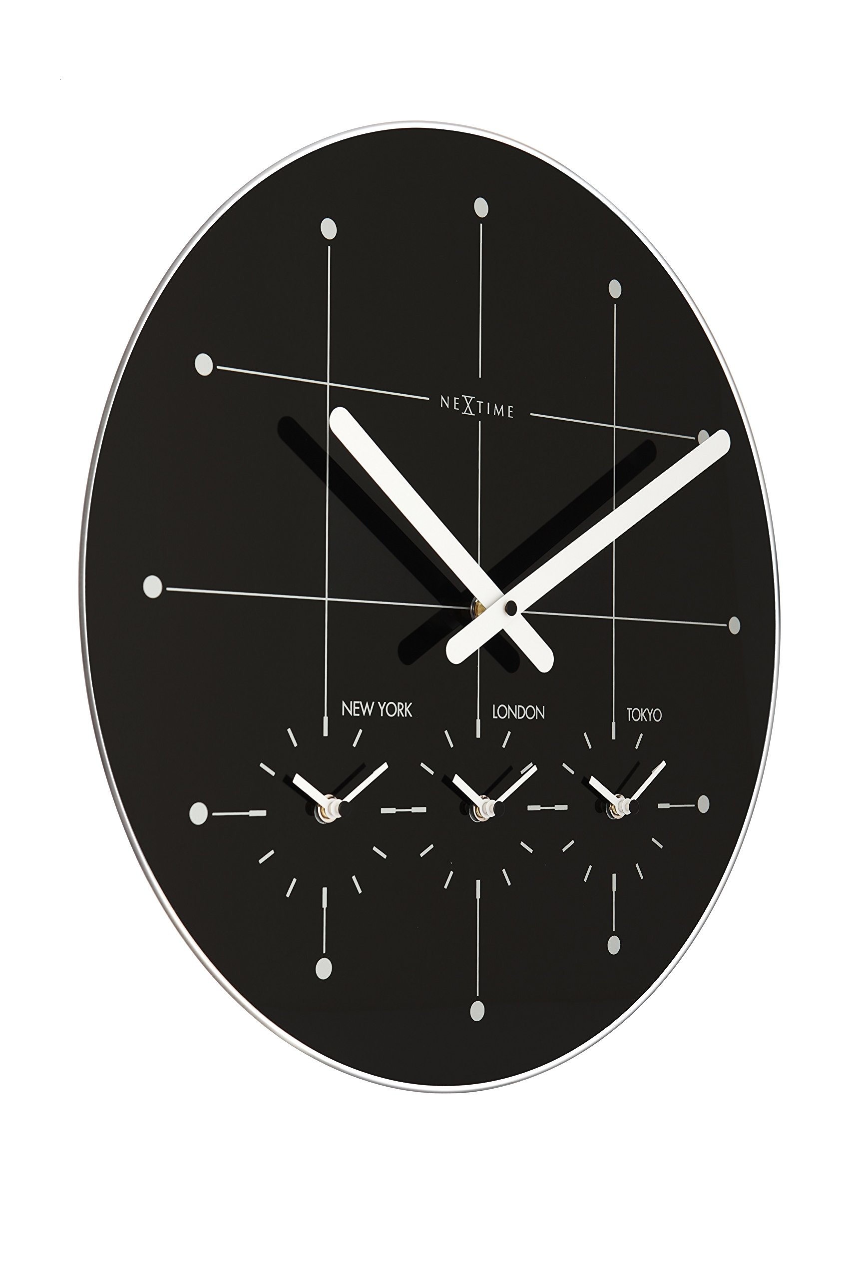 Unek Goods NeXtime 16.9 Inch Large Round Wall Clock - Black with White Hands, Glass Cover, 4 Time Zones Display, Battery Operated - Perfect for Office, Living Room, Bedroom & Home Decor