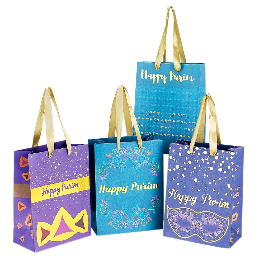 4 Pack Purim Kraft Gift Bags - Eco-Friendly Jewish Holiday Party Favors for Candy, Gifts & Mishloach Manot | Perfect for Purim Celebrations, School Events & Festive Gatherings