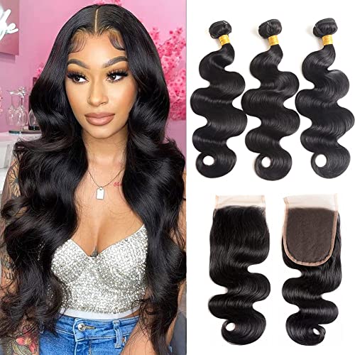 Brazilian Human Hair Bundles with 4x4 Lace Closure - 3 Body Wave Bundles (22 24 26+20 Inch) 100% Unprocessed Virgin Hair, Free Part, Natural Color - Perfect for Protective Styles, Weaves & Natural-Looking Hair Extensions