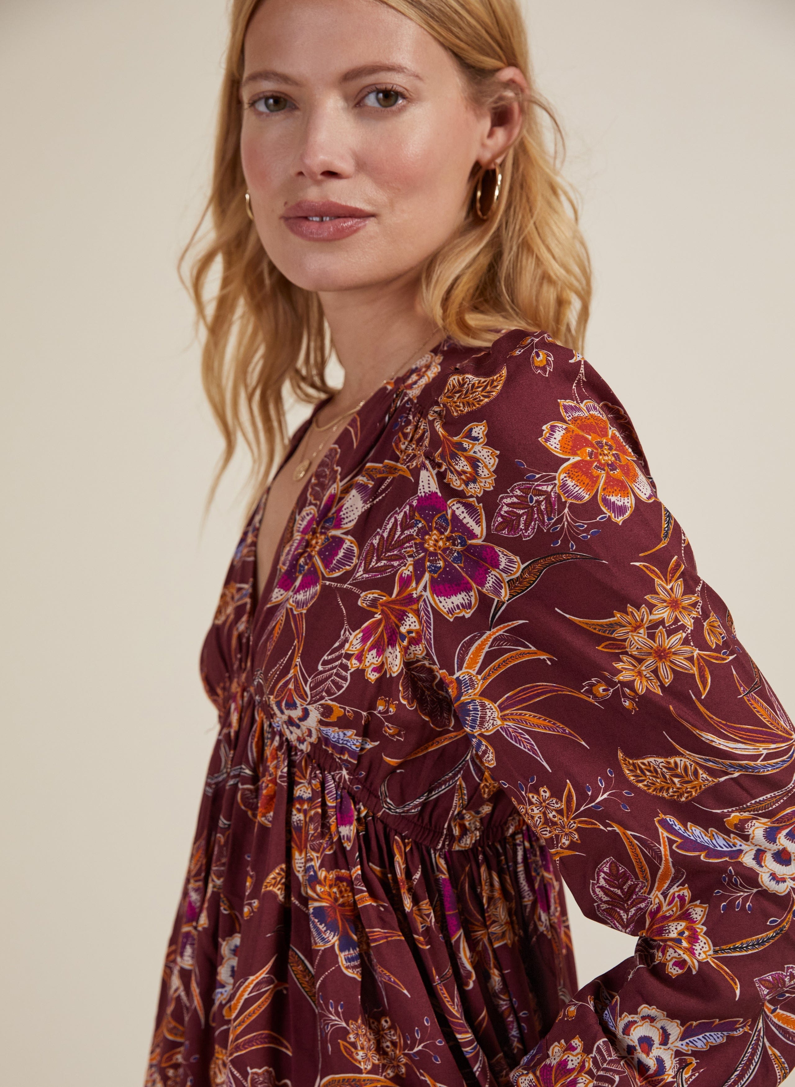 Gwyneth LENZING™ ECOVERO™ V Neck Midi Dress - Garnet Woodland Print Flowy Summer Dress for Women | Perfect for Beach Vacations, Date Nights & Casual Outings