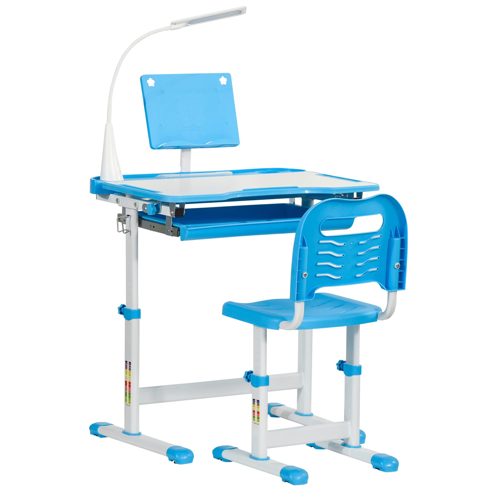 Qaba Kids Table and Chair Set with USB Lamp & Storage Drawer - Blue & White Activity Desk for Study, Arts, Crafts, Homework & Playtime | Perfect for Preschool Learning & Creative Play at Home