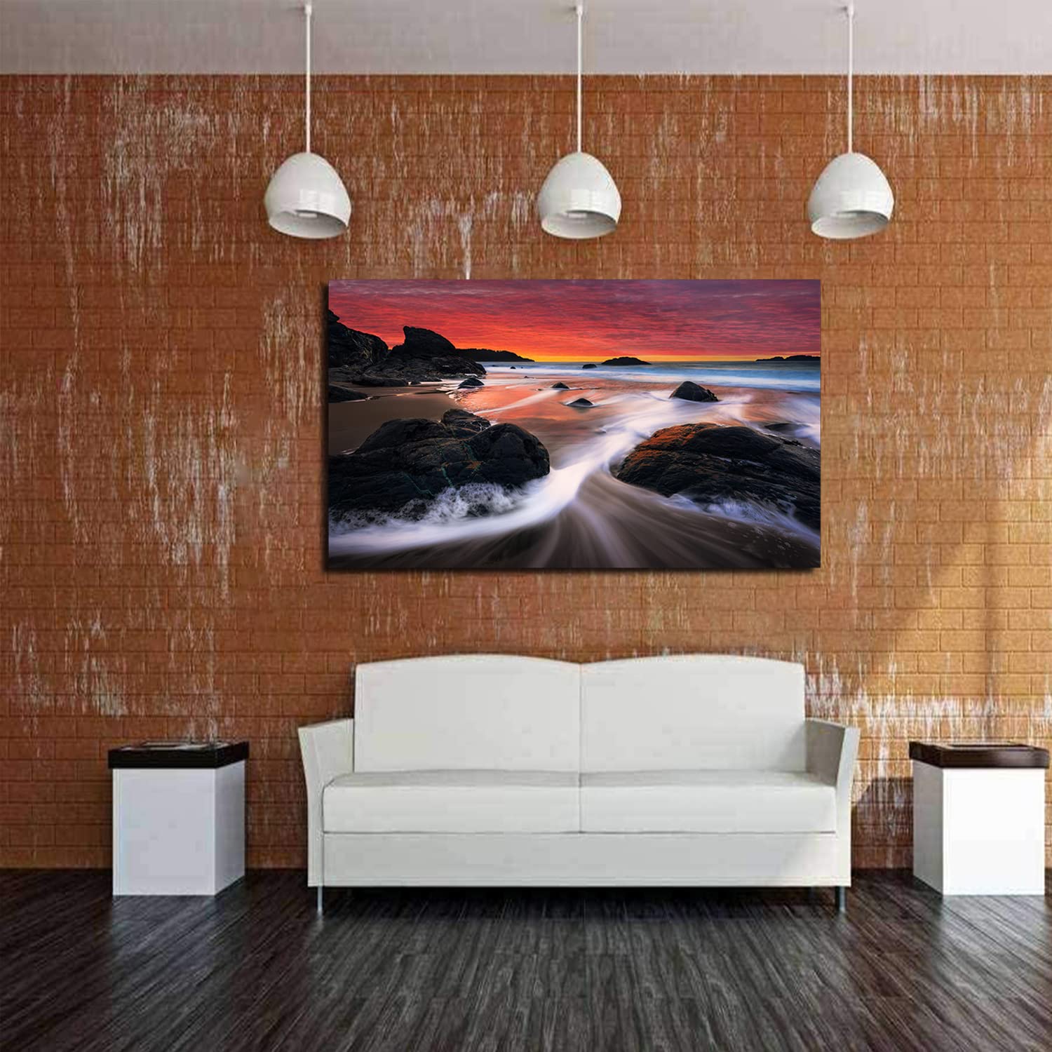Pink Sky Beach Waves Canvas Art - Framed Sunset Painting for Wall Decor, Home Office & Bedroom - Ready to Hang | Coastal Landscape Artwork for Beach House & Living Room