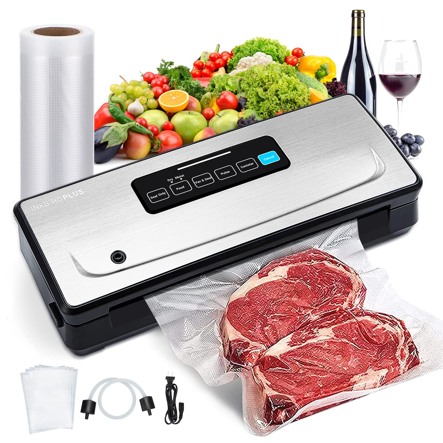 INKBIRD Automatic Vacuum Sealer Machine with Starter Kit & Seal Bags - Food Preservation System for Dry, Moist, Pulse & Canister Modes - Built-in Cutter & Roll Bag Storage - Perfect for Meal Prep, Sous Vide, Freezing & Long-Term Food Storage