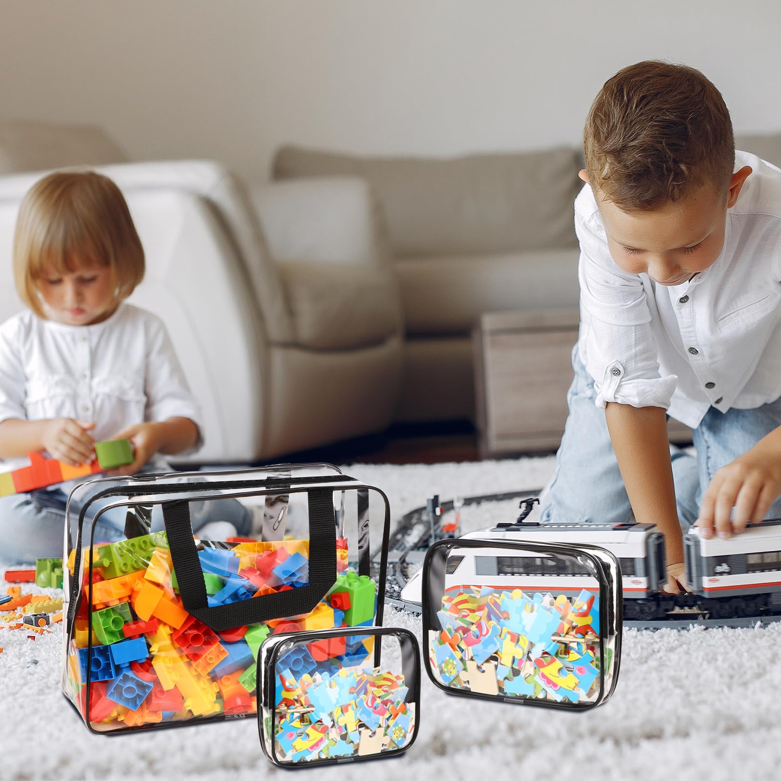 18 Pack Large Clear PVC Toy Storage Bags with Zipper & Labels - Waterproof Travel Organizer for Kids Toys, Building Blocks, Puzzles & Books (Black) - Perfect for Home Organization, Playroom Storage & Travel