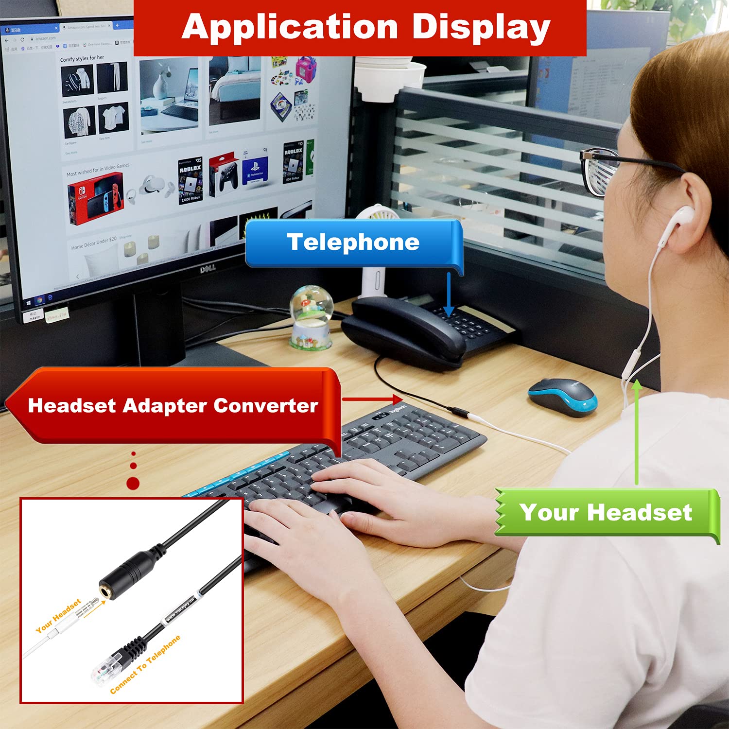 Yealink T20P T22P T26P T28P & Grandstream Phone Headset Adapter Cable - Smartphone to 4P4C RJ9 Plug Connector for Office Communication & Call Center Use