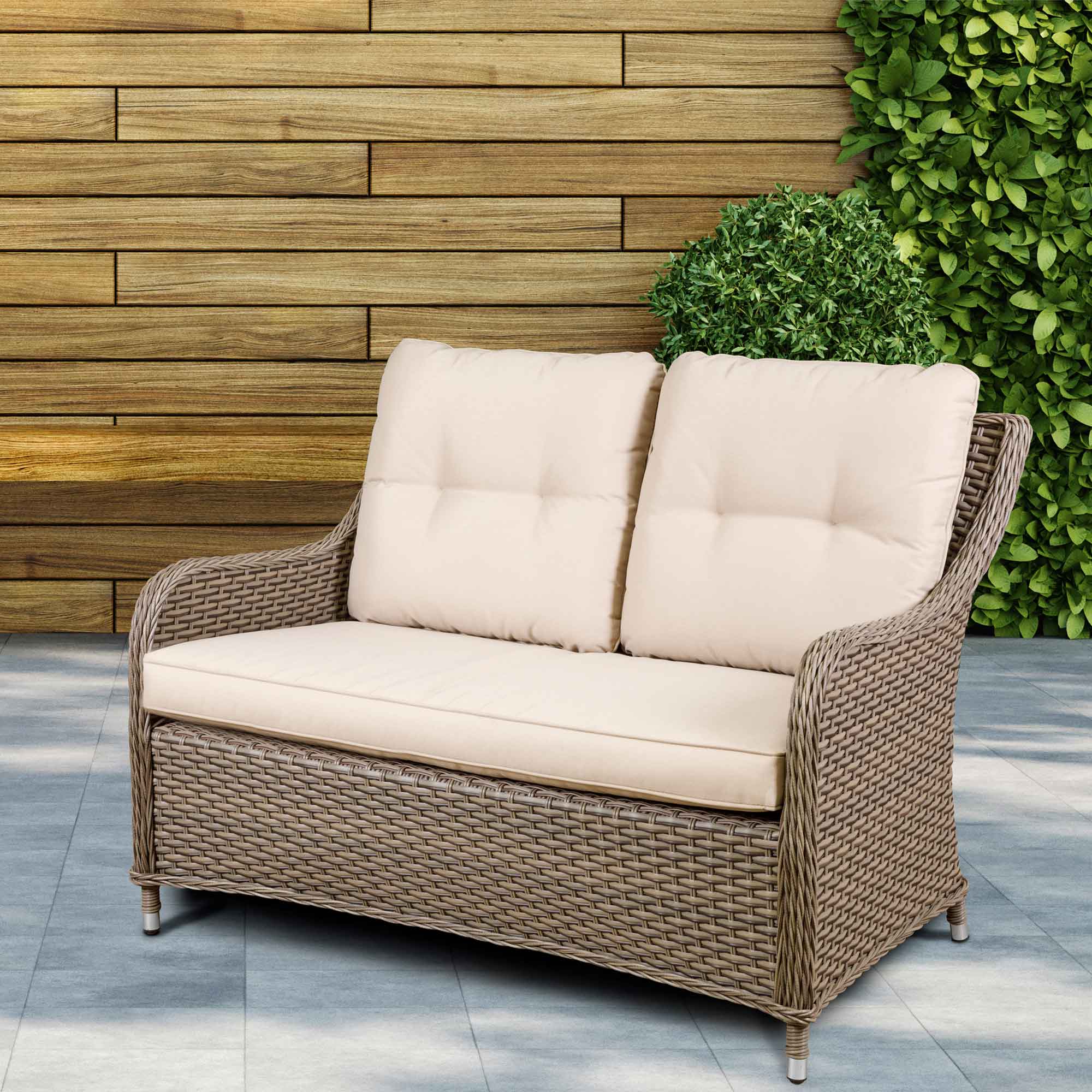 Chester Rattan Wicker Outdoor 2-Seater Sofa with Cushion - Brown DG70 | Patio Furniture for Garden, Porch & Backyard Relaxation