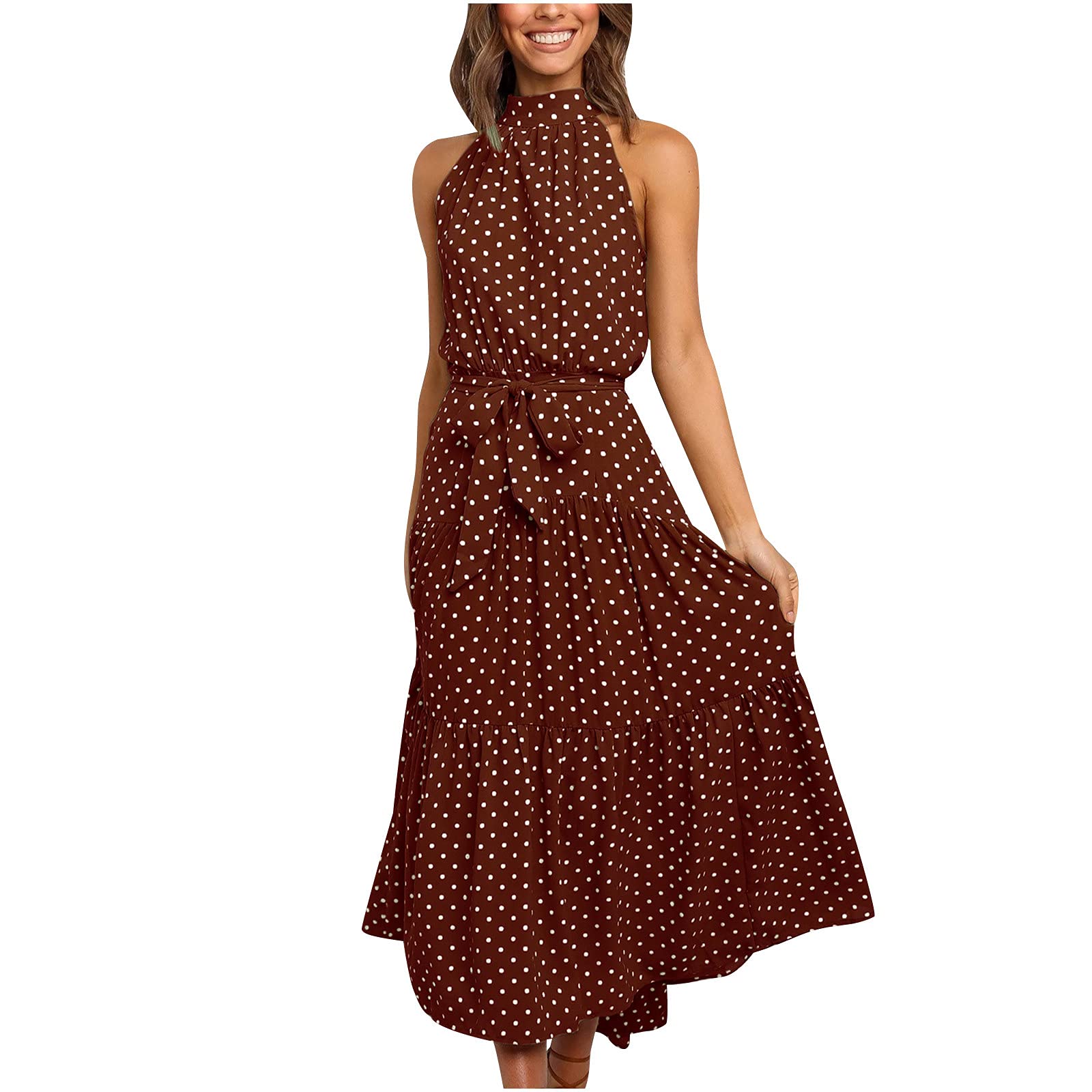 Women's Floral Maxi Dress - Sleeveless Halter Neck Summer Sundress for Beach, Party & Casual Wear | Lightweight Swing Long Dress for Vacation, Travel & Outdoor Events