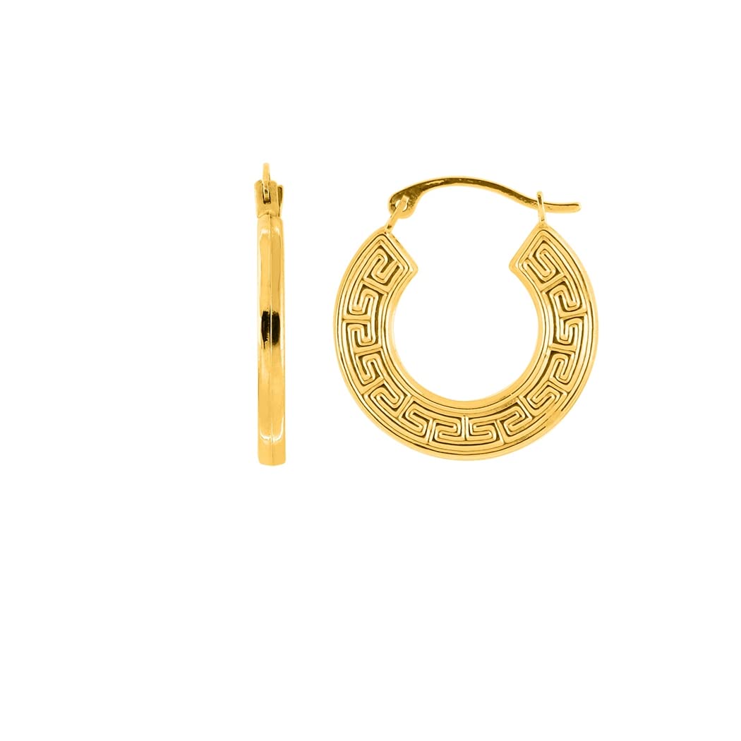 14K Yellow Gold Greek Key Hoop Earrings for Women - Small Shiny Textured Flat Hinged Clasp Jewelry - Perfect for Gifts, Weddings & Everyday Wear