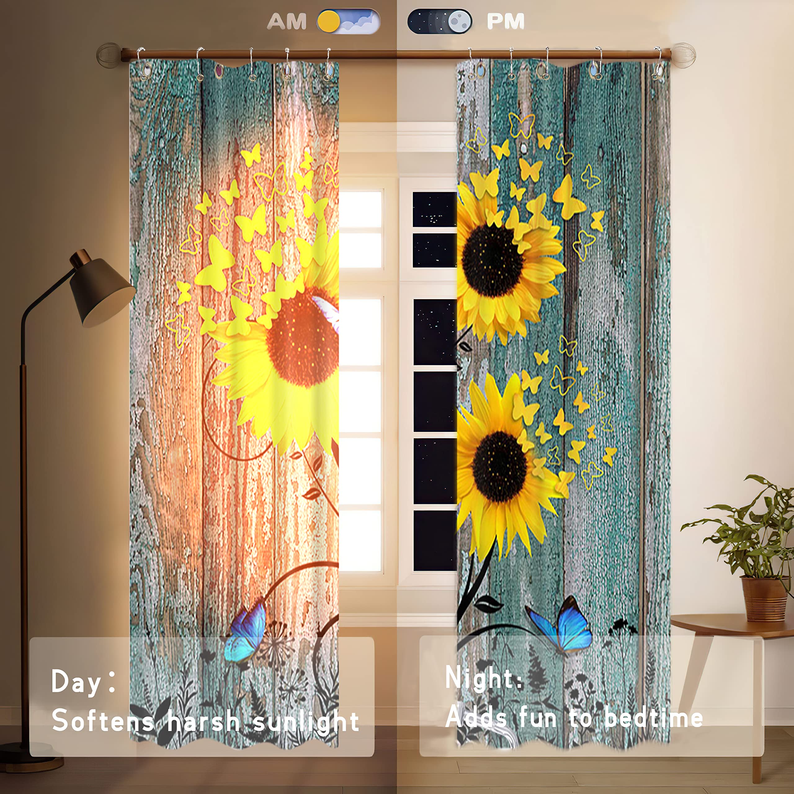 Sunflower Kitchen Curtains - Rustic Teal Wood Plank Farmhouse Valance with Yellow Floral Butterflies, 2 Panel Window Treatment with Hooks | Perfect for Country Style Kitchens, Dining Rooms & Cozy Farmhouse Decor